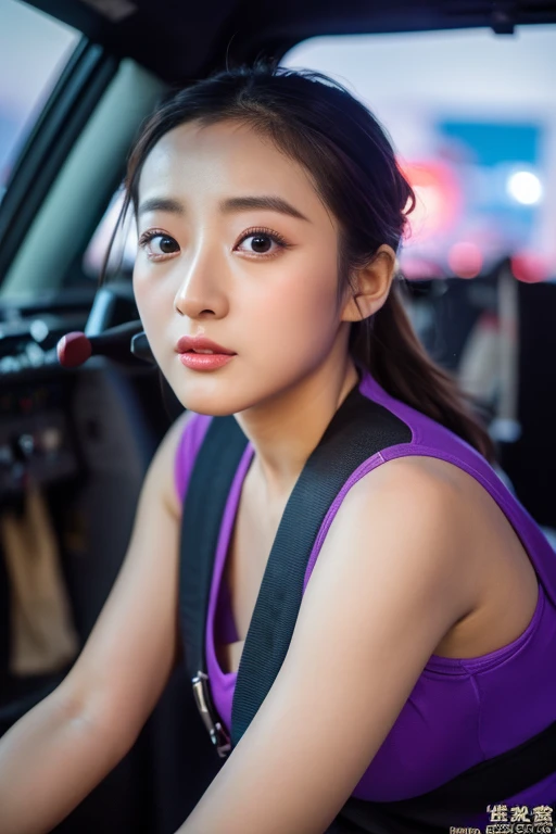 Zhao Liying's face、Exposed raised s、Show the right 、gigantic hip、tight panking legs、The picture contains the whole body including the legs、Height 158cm and weight 115kg、Aim your face at the lens，shyexpression，Stick out your tongue，fat hips、short detailed hair，In the cockpit of an Apache helicopter。Air Force pilot、helicoptere、Purple tight-fitting flight suit、High exposure、Realistic images of solo idols，exuding allure and beauty. The image is、Must reflect the highest qualities of real people, Powered by Ultra HD technology (16K) settle, Clear detail, vivd colour, dynamic range, soft bokeh, fine texture, hentail realism, Sharp focus. The lighting is、The face is、Under the glow of city lights、This is the soft glow of a computer screen. Camera settings are、Nikon D850 and Nikkor Z 58mm     F。/0.95 S Noct lens, Setting must be ISO 64, F/0.95, and shutter speed is 1/60. --16:9 - V5.1 --Style original --Q 2 --s 750