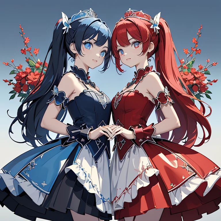 ((​masterpiece、top-quality:1.5、a high chroma:1.5、ultra-detailliert、high-resolution illustrations:1.5、Ultra-high-definition CG、8k size wallpaper、offcial art))、(2guys、Twin sisters),(cute face:1.5)、(clear face:1.3),(Shining eyes:1.5)
 ((Blue-only color scheme:1.5)), ((red-only color scheme:1.5)),(sexy body),(One is only red and the other is only blue),(princess dress),(), ((medium breasts))、
,(The background is brightly colored and has a triple structure of flowers.),()、(cowboy shot)、