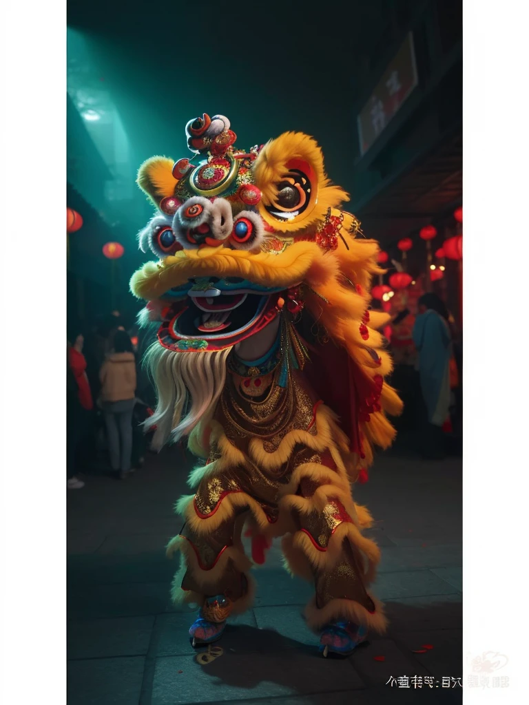Close-up of lion dance with crowd in background, chinesedragon, yellow dragon head festival, fire lion, smooth chinese dragon, Chinese, Chinese outfit, TRADITIONAL CHINESE COSTUMES, china silk 3d dragon, Chinese traditional, Chinese heritage, exquisite costumes, drak, Vivid and detailed, hou china, chinese dragon concept art, orange and yellow costume