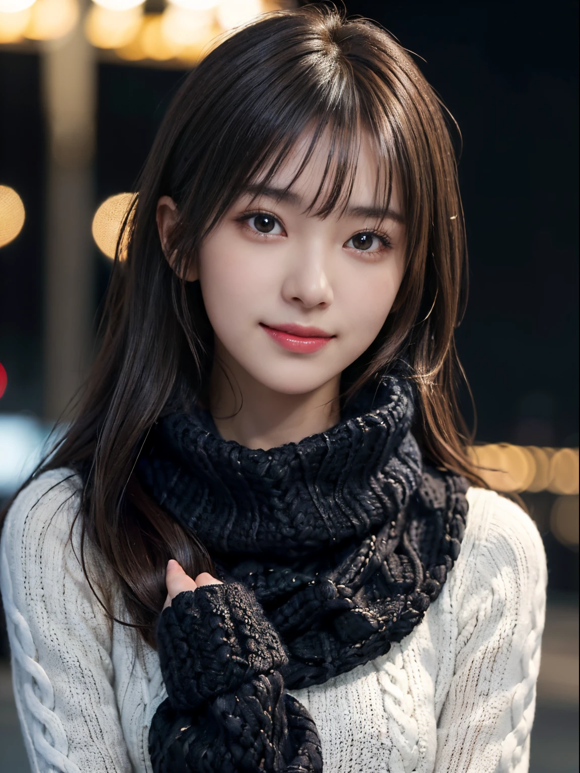 1 japanese girl,(Black sweater:1.4),(She wears a knitted snood around her neck to hide her chin...............:1.5), (Raw photo, Best Quality), (Realistic, Photorealsitic:1.4), masutepiece, extremely delicate and beautiful, Extremely detailed, 8k wallpaper, amazing, finely detail, extremely detailed CG Unity, hight resolution, Soft light, Beautiful detailed 19 year old, extremely detailed eye and face, beautiful detailed nose, Beautiful detailed eyes,Cinematic lighting,city light at night,Perfect Anatomy,Slender body,Smiling (hair messy, asymmetrical bangs, light brown hair,)