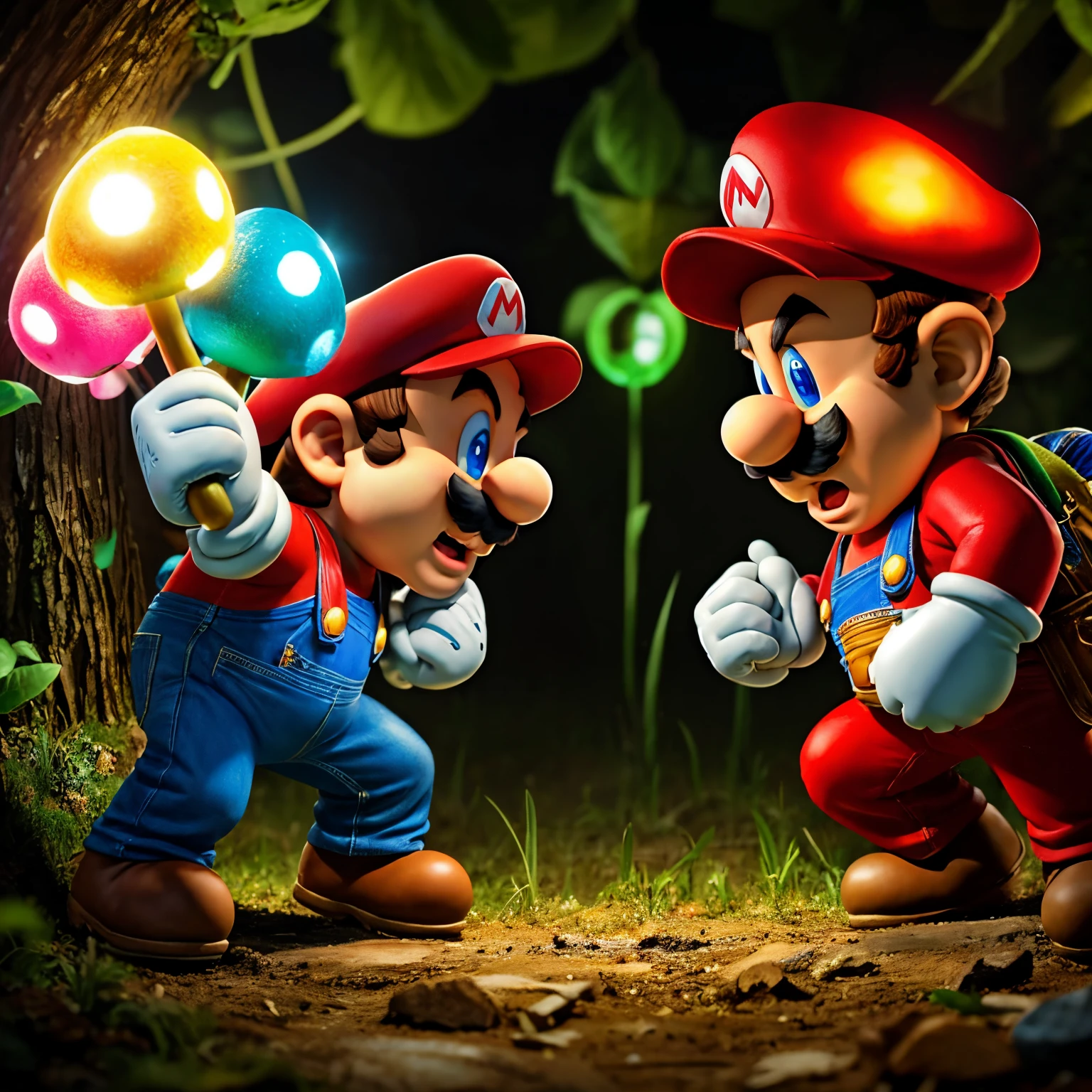 The ugly fight between the Mario brothers over luminescent mushrooms, masterpiece, best quality, super detail