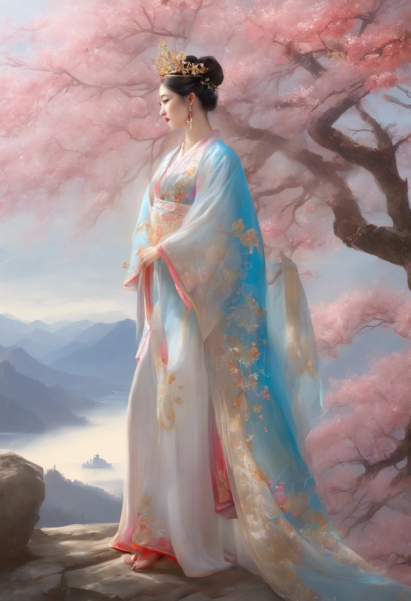 with blue sky and white clouds，mountain in the distance，pink flowers that，cherry tree，Hanfu woman,Phoenix Crown Tiara、Meticulous embroidery、Wearing Hanfu pantyhose、Wearing sleeveless Hanfu、Clear panties are clearly visible、Look at panties and panties、Bare oversized breasts、raw,(8K、top-quality、tmasterpiece:1.8)、(intricately details:1.8)、(真实感:1.8)、octane renderings、Complex 3D Rendering Ultra Detail, Studio soft light, Edge lights, vibrant detail, super detailing, realistic skin textures, detailface, beautidful eyes, Very detailed CG Unity 16k wallpaper, cosmetics, (detailedbackground:2.0), Skin glows、spread your legs，Camel toe showing thigh!!!、