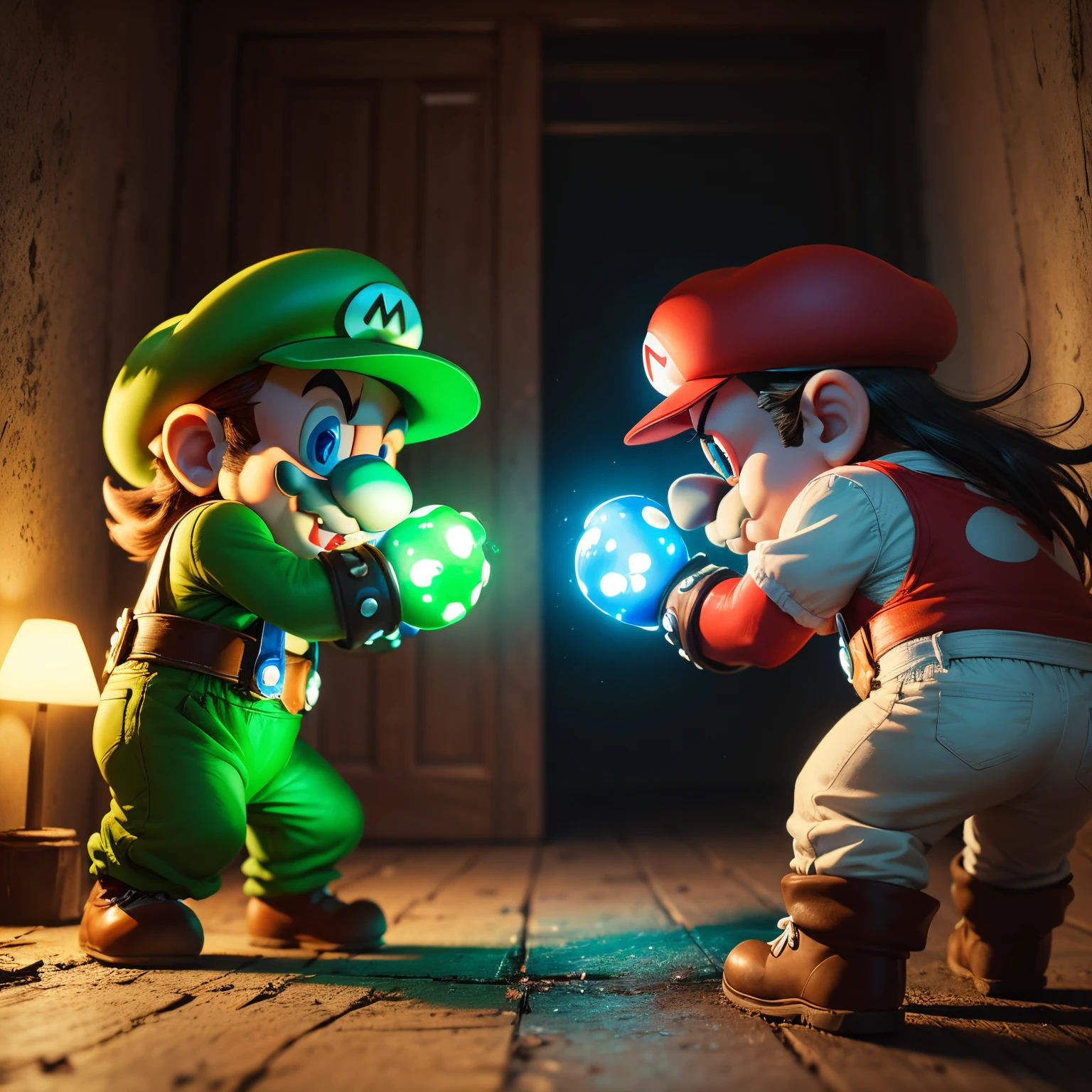 The ugly fight between the Mario brothers over luminescent mushrooms, masterpiece, best quality, super detail