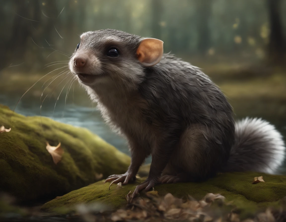 (CBZBB:1.25), ((gremlin),Zhkute, Small, baby, Beautiful, Fantasy art, deviant art, trending artstation, Digital Art, Detailed, Realistic, humanoid, character, tiny, Cinematic shot, cinematic portrait of a mole ,gremlin, mole-like, bright silver and brown, long tail, large ears, covered with silver fur, water, stands on the shore, Best Quality, Masterpiece, in style of dark fantasy art, gremlin, mole-like, bright silver and brown, long tail, double nose, huge ears, covered with silver fur,tousled, five toes on each paw, holding a huge acorn in his paws, I'm standing in a forest clearing under the foliage of bast., acorns lie in the clearing, acorns glow, Crickets fly, Best Quality, Masterpiece, in style of dark fantasy art, fantasy-inspired, in the style of John Tolkien,