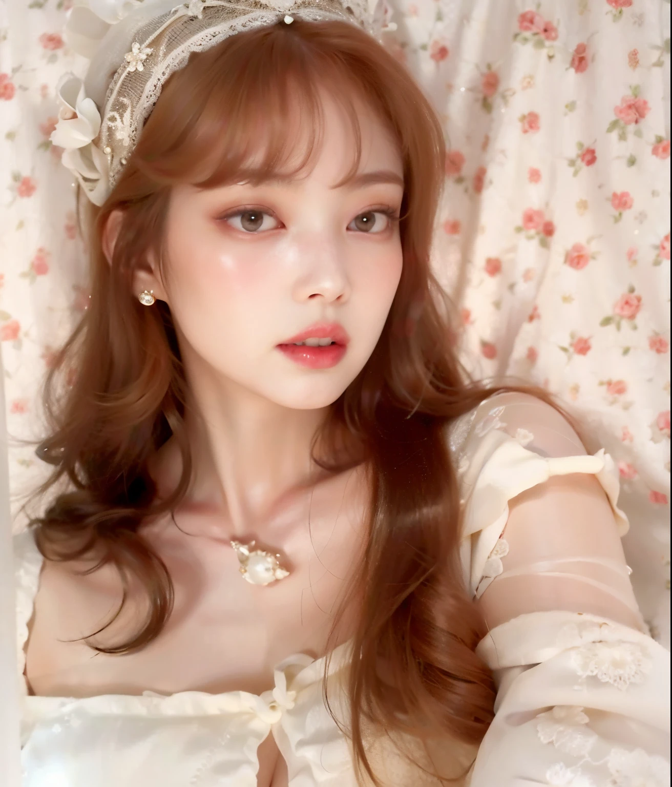 A closeup of a woman with a tiara on her head, pale fair skin!!, with pale skin, smooth pale skin, jovem Amouranth bonito, porcelain pale skin, pale porcelain white skin, Amouranth, ivory pale skin, Fairycore, pale glowing skin, very very pale white skin, very very very pale white skin, soft pale white skin