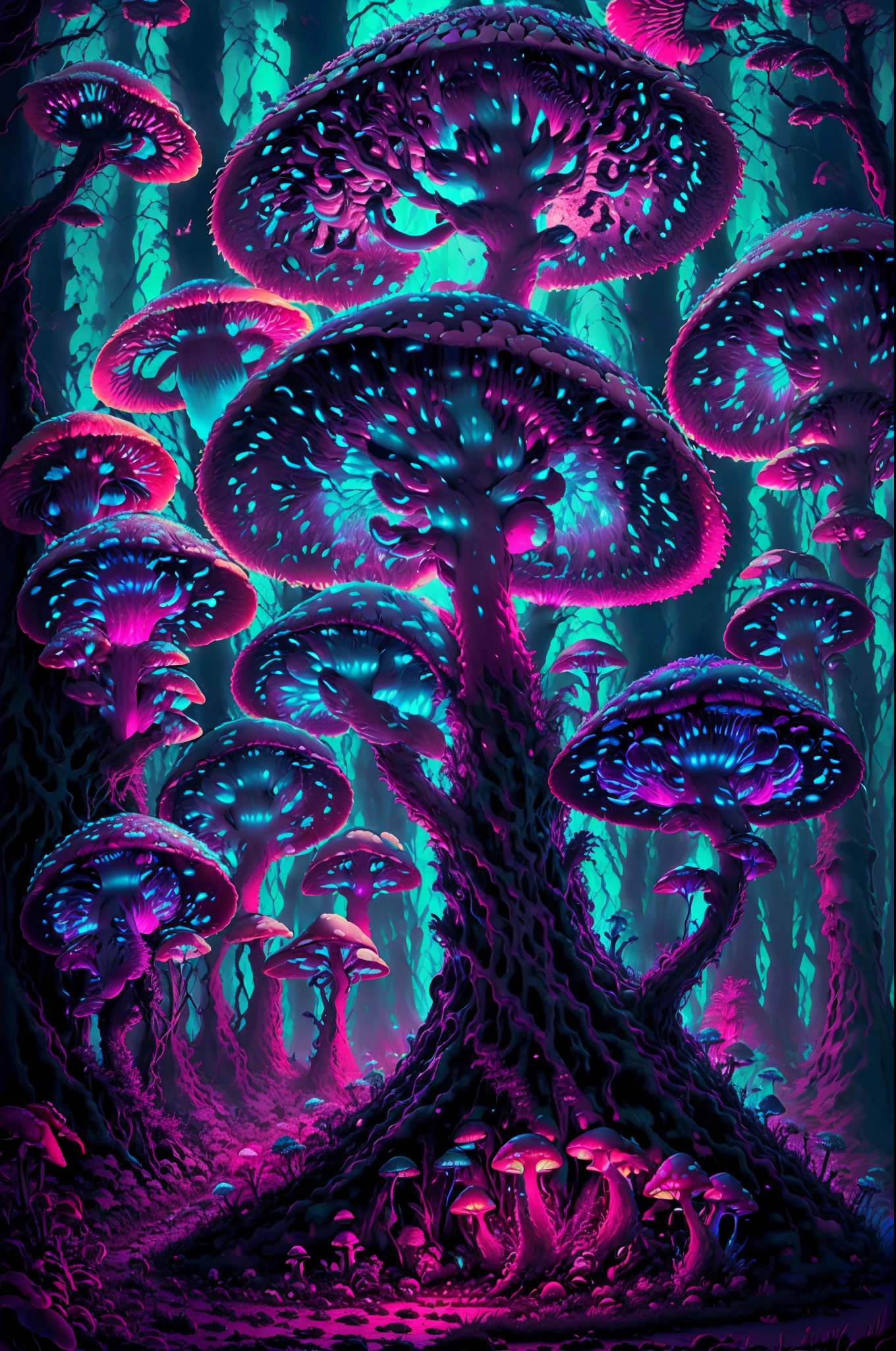 fantasy00d,mushroom forest, glowing light ,  neon lighting , glwing mushrooms , vibrant colors