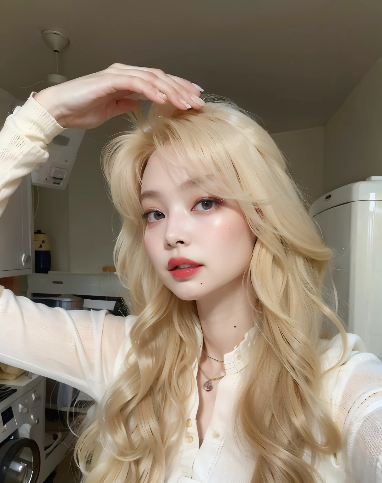 mulher loira com cabelos longos e camisa branca na cozinha, pale skin curly blond hair, longos cabelos brancos e franja, extremely pale blond hair, ivory pale skin, uma menina com cabelo loiro, com longos cabelos loiros, very very pale blond hair, natural soft pale skin, pale glowing skin, with pale skin, soft flawless pale skin, cabelo whitebangs cabelo