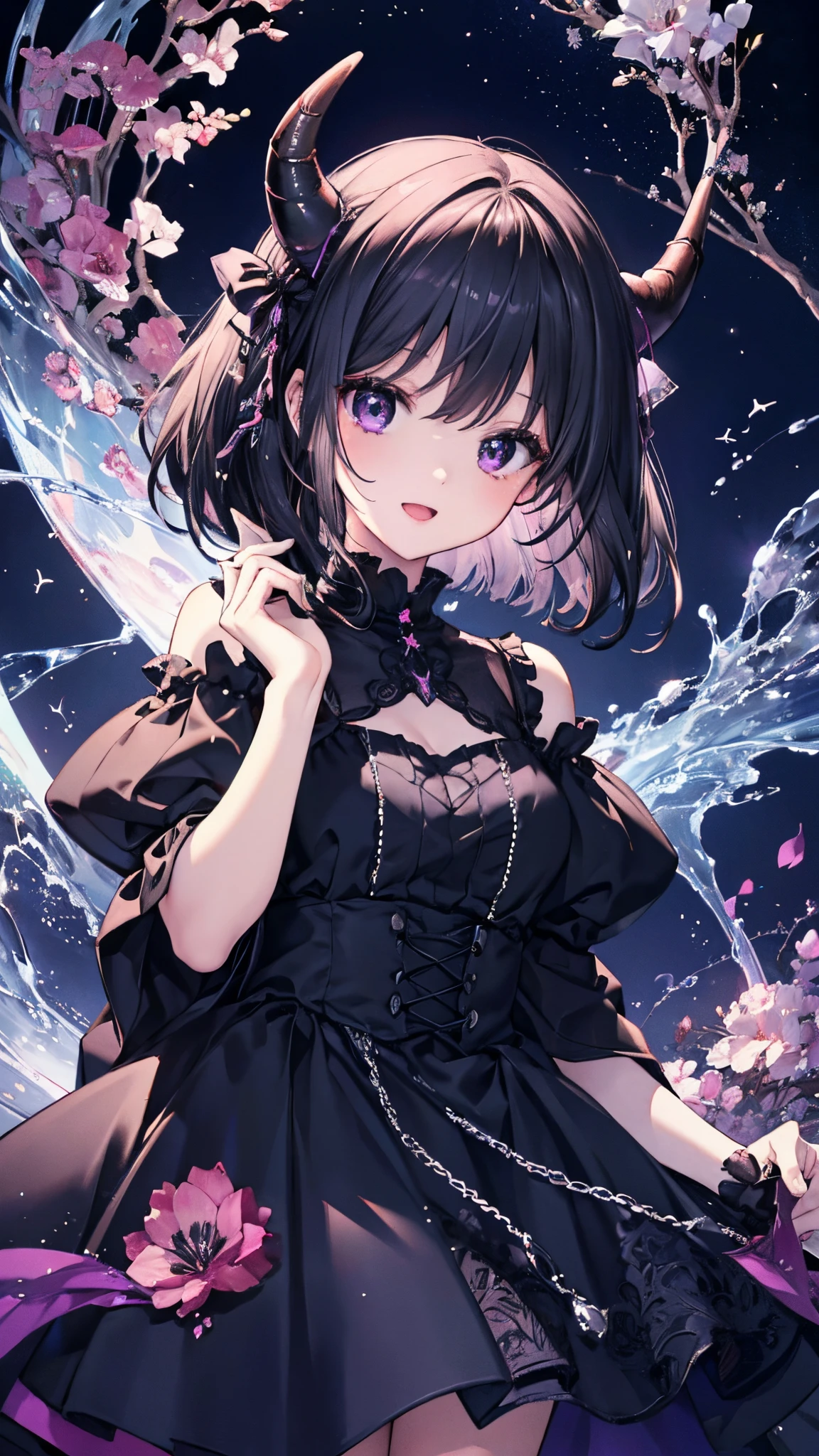 (masterpiece)、(Top image quality)、hight resolution、(pretty and cute)、4k、(Up to detail)、girl with、a girl、full bodyesbian、a smile、Open mouth、soio、beautifull hands、illustratio、Fantasia、Short black hair、red eyes、Beautiful eyes、Delicate eyes、Black and purple dress、2 horns、Gothic ta、Transparent illustration、colourfull、nighttime scene