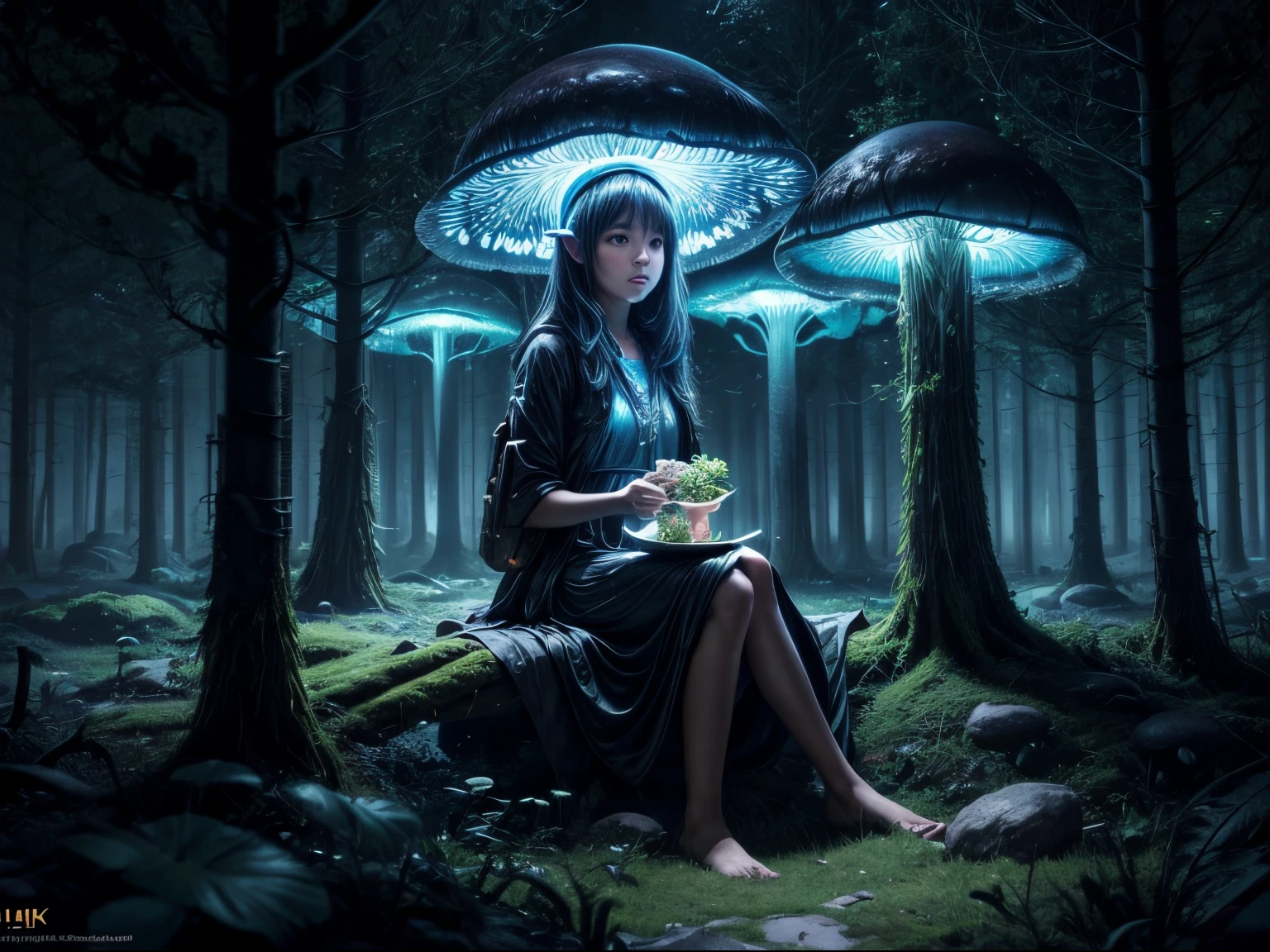 A girl sit and eat lunch in a bioluminescent mushroom forest, realistic, cinematic light, (best quality,4k,8k,highres,masterpiece:1.2), ultra-detailed, vivid colors, sharp focus, HDR, physically based rendering, professional god ray, fractal art