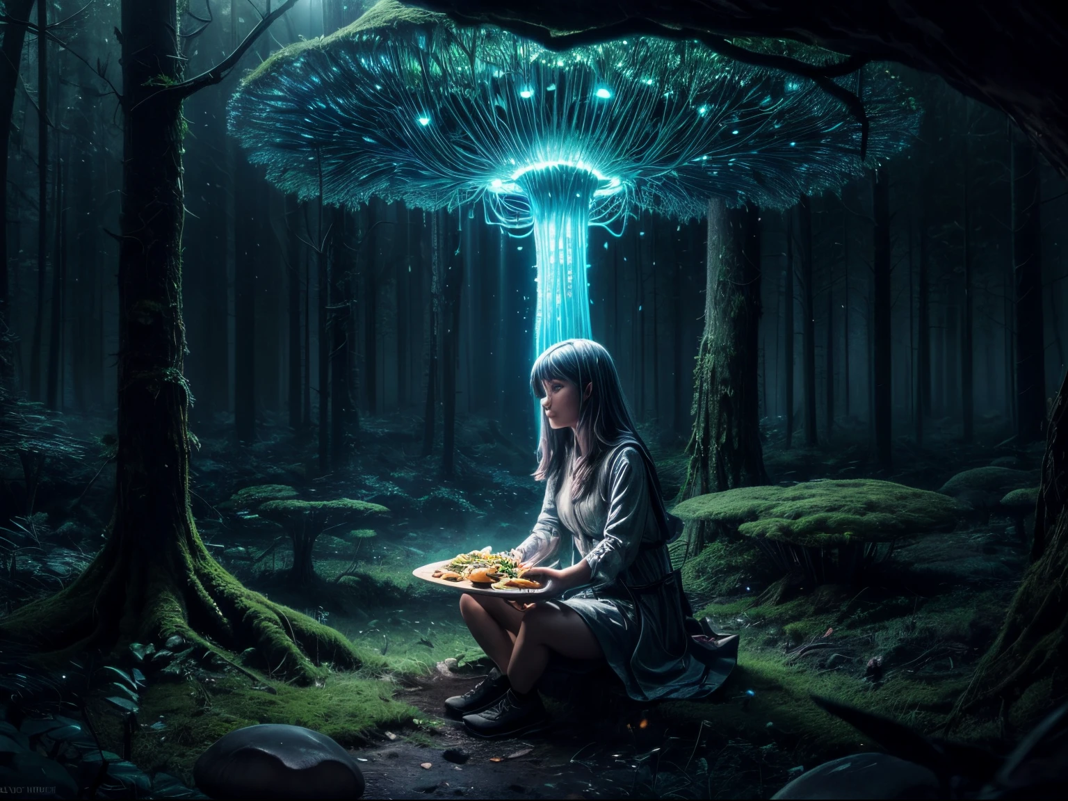 A girl sit and eat lunch in a bioluminescent mushroom forest, realistic, cinematic light, (best quality,4k,8k,highres,masterpiece:1.2), ultra-detailed, vivid colors, sharp focus, HDR, physically based rendering, professional god ray, fractal art