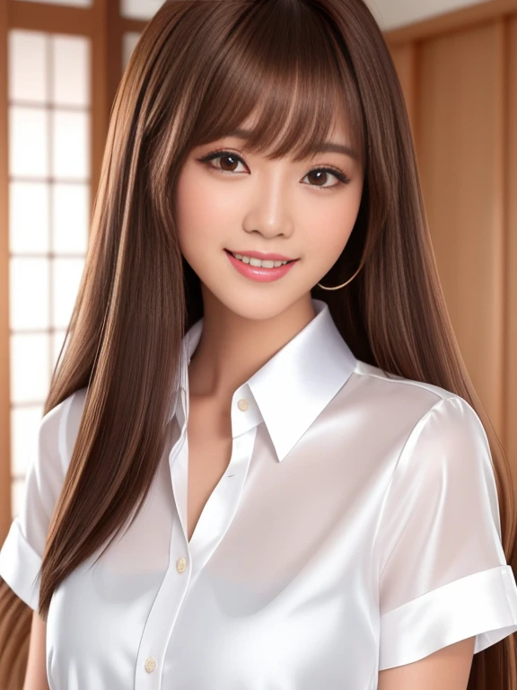 Product quality, upperbody shot, Front view, 1girl in, a Japanese young pretty woman, Long bob hair, hyper pretty face, Glamorous, I wear a satin silk white shirt with short sleeves and long sleeves with a collar, With a big smile in her room, Glossy lips, double eyelids for both eyes, Natural makeup, long eyelashes, shiny smooth light brown hair, asymmetrical bangs, Tanned skin, central image, hight resolution, high detailing, detailed hairstyle, Detailed face, 电影灯光, Hyper realistic, perfect bodies,
