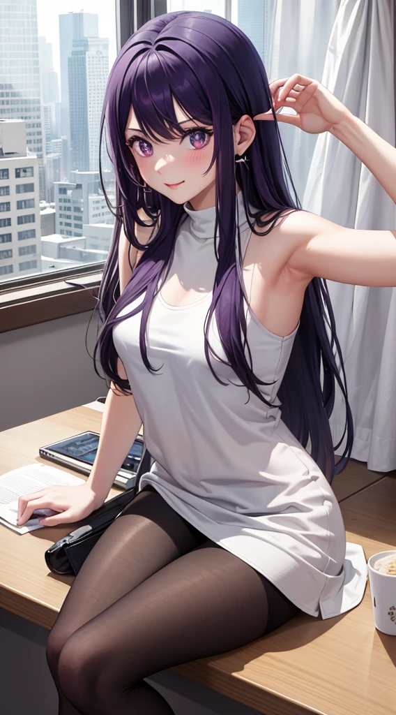 Character Details:, - Gender: 1 Girl. - Style: Anime, - Body Type: Attractive body, slim body, nice legs, slim tights, nice arms, nice shoulders. - Breast: Small Breast, No Bra - Facial Features: Beautiful, Gorgeous, ager, Fresh, Young. - Expression: Smile, Pink Blush on Face, Sexy Eyes, Sexy Look, Innocent Look., - Hairstyle: Blunt Bangs, Long Hair. - Hair Color: Dark Purple Hair. - Clothing: White Tank Top, Off Jacket. - Body Pose: Sitting. - Behaviour: Waiting, Want Something, Secretly. - Accessories: Earrings., Environmental Details:, - Setting: Office Room., - Lighting: Natural Light., - Decoration: Modern Office Desk, Chair, Window, White Curtain, City View., pov, anime style, UHD, retina, masterpiece, accurate, anatomically correct, textured