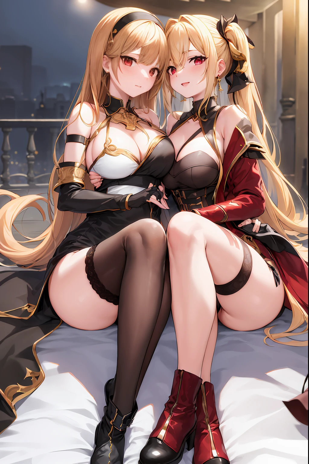 tmasterpiece, Best quality at best, A high resolution, Ajof, side locks, golden hairband, hair adornments, red eyes, gold earring, Large breasts, Collar, exposed bare shoulders, Black dress, two-sided dress, Fingerless gloves, Long boots, looking at viewert, Outdoor activities, the night, from below, Black panty, sitted, spread their legs