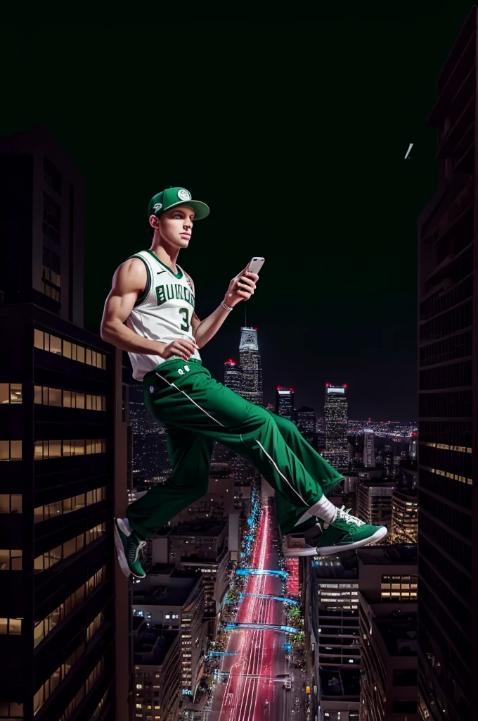 music cover with a man with green eyes and short wavy hair wearing a straight brim hat from the bucks basketball team floating in the air with a phone in his hand with a background of a city with people and buildings
