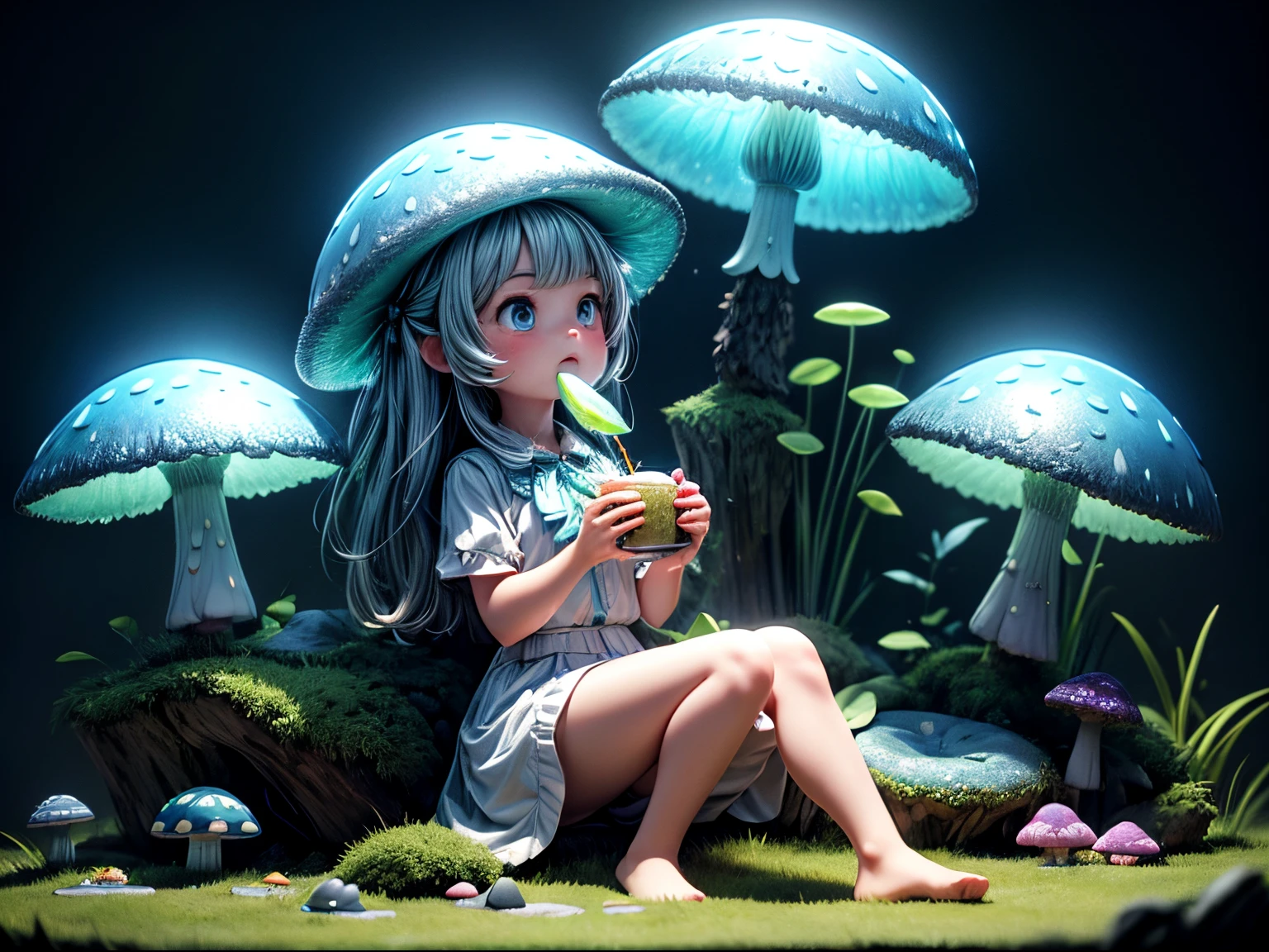 A girl sit and eat lunch in a bioluminescent mushroom forest, realistic, cinematic light, (best quality,4k,8k,highres,masterpiece:1.2), ultra-detailed, vivid colors, sharp focus, HDR, physically based rendering, professional god ray, fractal art