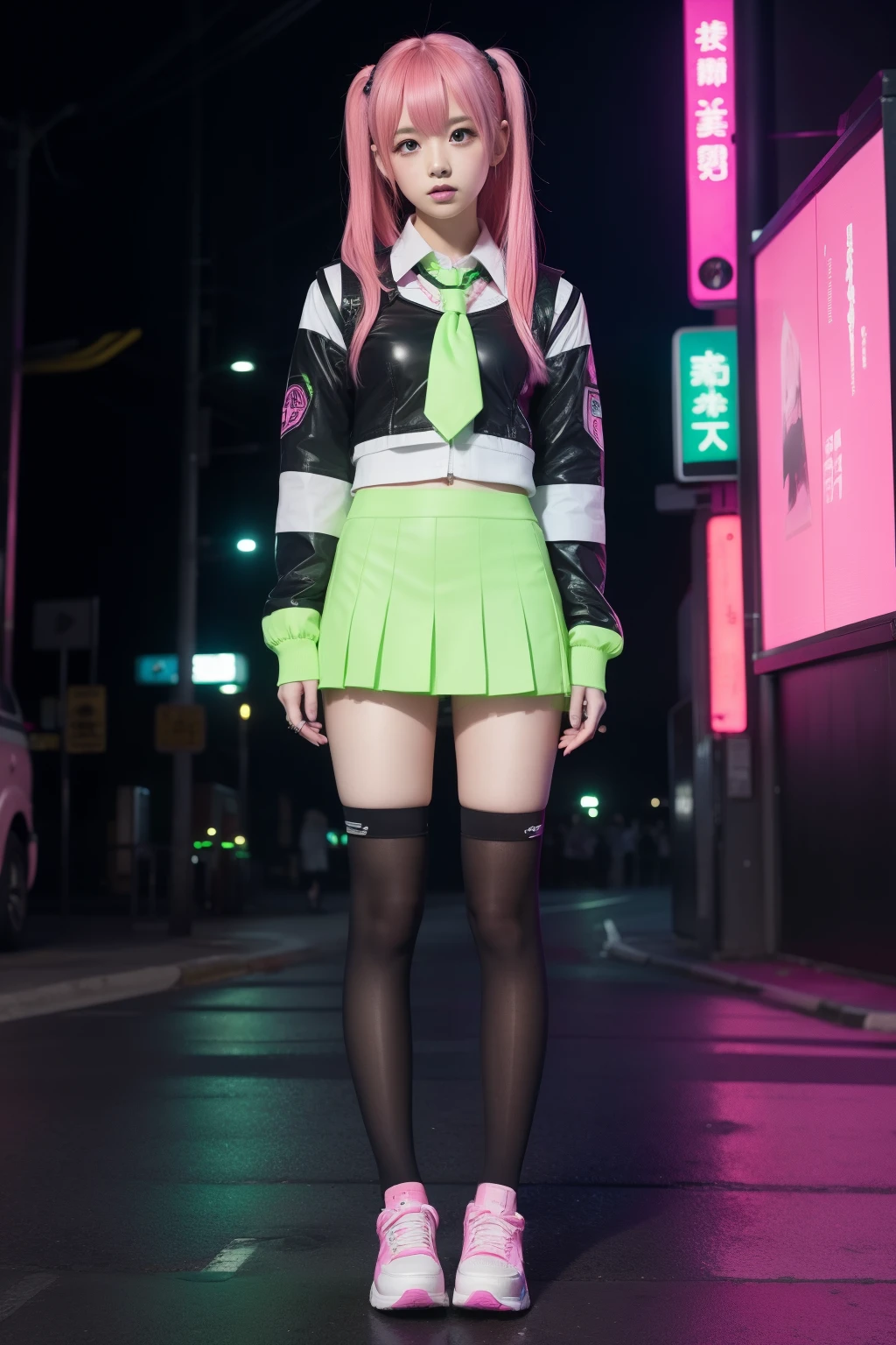 Cyberpunk girl、full body Esbian、Fluorescent green miniskirt uniform、A pink-haired、