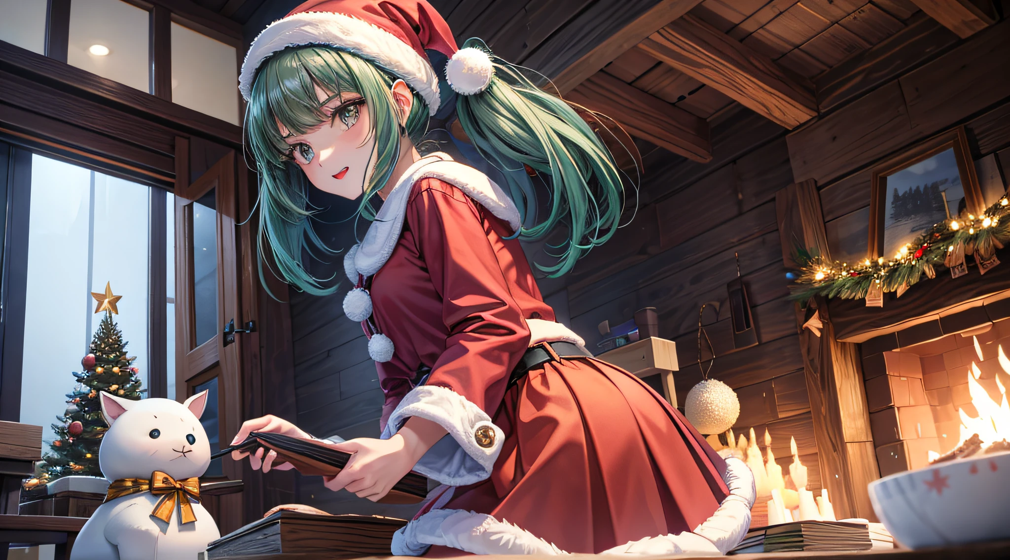 top-quality、​masterpiece、Super Detail、1girl in、独奏、poneyTail、 bangss、Brown-eyed、Green hair、（Winters、Inside a log cabin、fireplace、Christmas Dinner）、（Santa Claus hat、Long sleeve、Santa Claus clothes、velor fabric、knee-length velor skirt、long  skirt）、Christmas tree、a lot of、A tiny、Christmas present、