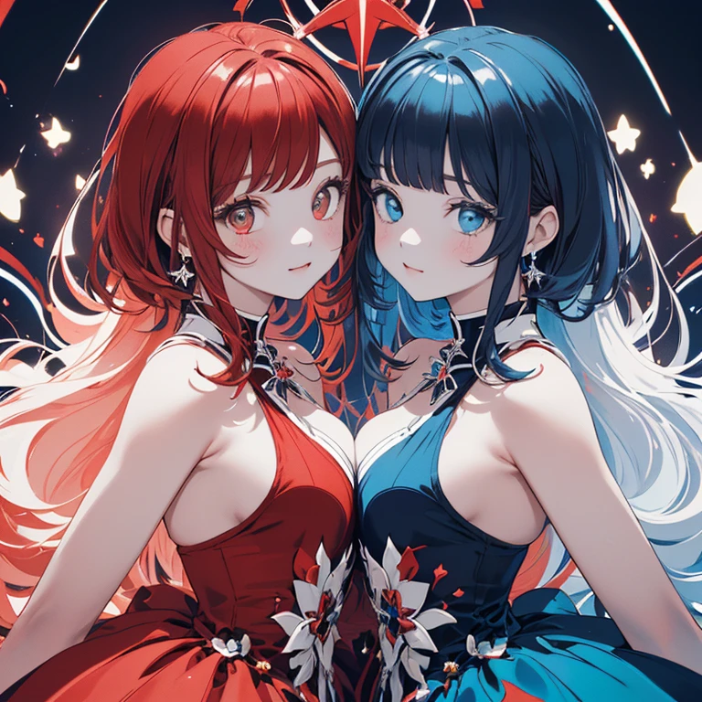 ((masterpiece、top-quality:1.5、a high chroma:1.5、ultra-detailliert、high-resolution illustrations:1.5、Ultra-high-definition CG、8k size wallpaper、offcial art))、(2girls、Twin sisters),(cute face:1.5)、(clear face:1.3),(Shining eyes:1.5)
((Blue-only color scheme:1.5)), ((red-only color scheme:1.5)),(sexy body),(One is only red and the other is only blue),(princess dress),(), ((medium breasts))、
,(The background is a triple structure of bright colors, flowers, water, and light)、