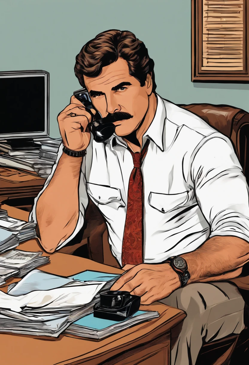Magnum is sitting at his desk, sipping on a cup of coffee and looking through case files with a focused expression.,original,Magnum PI, male