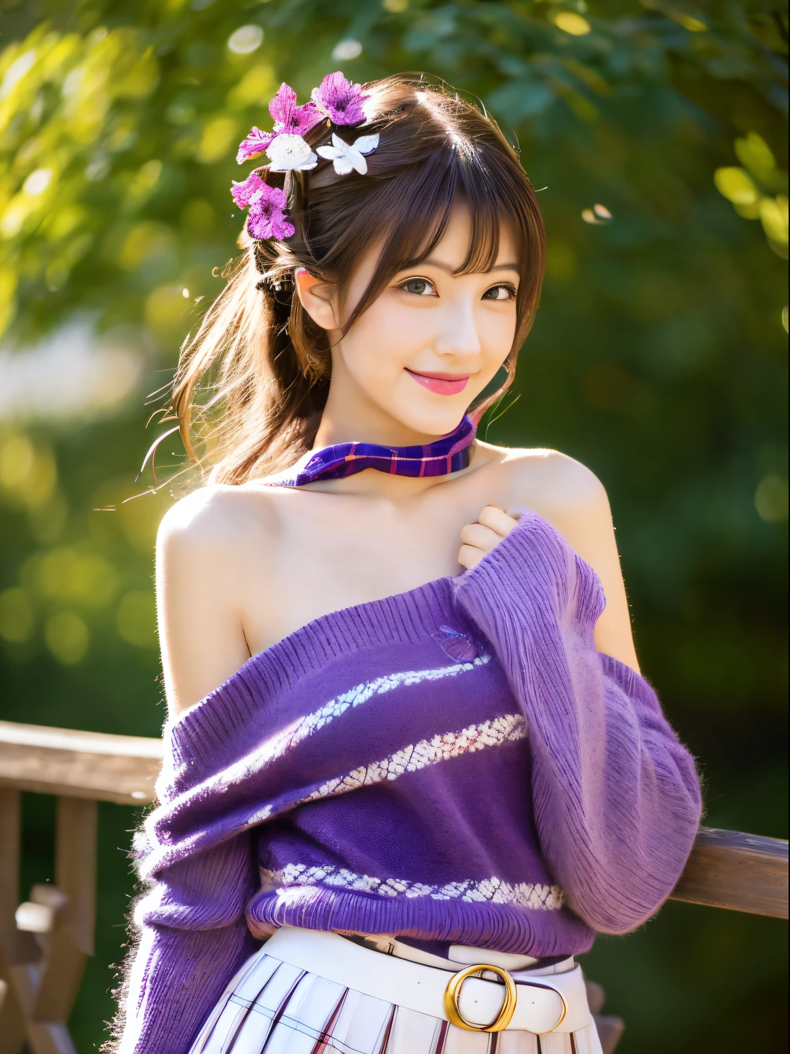 ((((highest quality))))、(((Ultra-precision CG16K wallpaper)))、(((masterpiece)))、(((Super detailed)))、(((super extreme details)))、1people's women、mature woman、24 year old woman、((Japanese face))、((very beautiful face))、((Zuo々Ki Nozomi:1.5))、((ponytail、one tail))、(shiny hair)、bangs up to eyebrows、beautiful brown hair、beautiful delicate eyes、brown eyes、raised eyebrows、high nose、small nostrils、small mouth、seductive lipouth slightly open、beautiful breasts、((C cup size breasts))、cleavage、plump body、(Chubby body type)、perfect proportions、perfect anatomy、perfect composition、beautiful detailed shading、beautiful natural lighting、beautiful detail glow、Depth of the bounds written、soft focus、(((High chroma)))、(((real:1.9)))、((vivid:1.4))、((beautiful skin))、((skin texture))、((realな皮膚感))、(((cowboy shot、Thigh:1.5)))、((Angle seen from the front:1.5))、((smile:1.3))、(Eyes looking at me:1.5)、bright sunshine、(((lawn square:1.3)))、(model pose:1.5)、(((Light purple long mohair sweater:1.6)))、