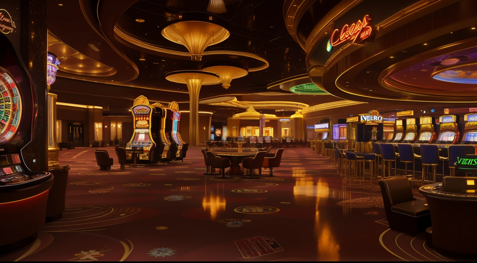 Las Vegas view of casino with casino machines and tables, inside a casino, indoor casino, Casino of the future, There is a grand inside, casino, Las Vegas lights up at night, ornate cyberpunk interior, ground level shot, Las vegas, open shiny floor, in a futuristic desert palace, Beautiful images, rendered in rtx, Center lens, fantasy medium shot