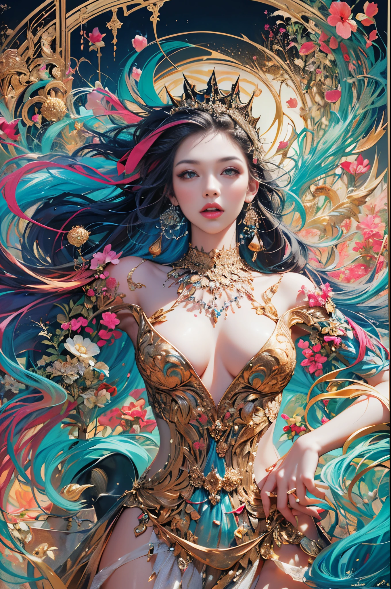 Painting of woman with long hair and colorful hair, beautiful digital illustration, stunning digital illustration, gorgeous digital art, A beautiful artistic illustration, Beautiful digital artwork, beautiful digital art, Beautiful digital illustrations, intricate digital painting, Very Beautiful Digital Art, vibrant digital painting, beautiful gorgeous digital art, Psychedelic flowing long hair, Colorful digital painting, Inspiring digital art, stylized digital art