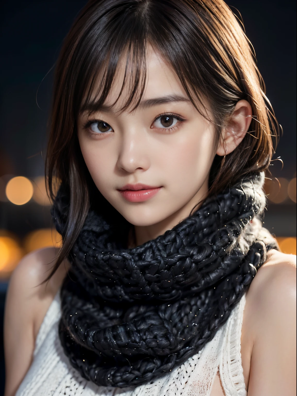 1 japanese girl,(Black sweater:1.4),(She wears a knitted snood around her neck to hide her chin.................:1.5), (Raw photo, Best Quality), (Realistic, Photorealsitic:1.4), masutepiece, extremely delicate and beautiful, Extremely detailed, 8k wallpaper, amazing, finely detail, extremely detailed CG Unity, hight resolution, Soft light, Beautiful detailed 19 year old, extremely detailed eye and face, beautiful detailed nose, Beautiful detailed eyes,Cinematic lighting,city light at night,Perfect Anatomy,Slender body,Smiling  (hair messy, asymmetrical bangs, light brown hair,)