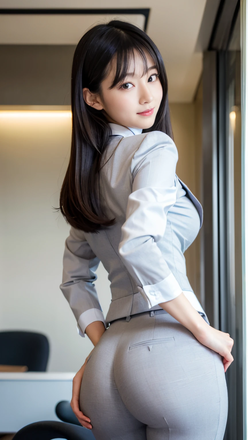 Best-quality, Masterpiece, Ultra-High-Resolution, (Photorealistic:1.4), Raw-Photo, Extremely-Details, Perfect-Anatomy, 

1girl, 15-years-old, the most popular Japanese idol, ((upturned ass wearing light gray business suit's pants):1.2), (wearing matching light gray business suit over white dress shirt), innocent smile, 

extremely cute face like a most famous Japanese idol, extremely beautiful big black solid circle eyes, ((extremely beautiful black hair)), extremely beautiful skinny body, extremely beautiful breasts, extremely beautiful buttocks wearing light gray business suit's pants, extremely beautiful skinny thighs, extremely beautiful realistic skins, 

detailed matching business suit, detailed white dress shirt