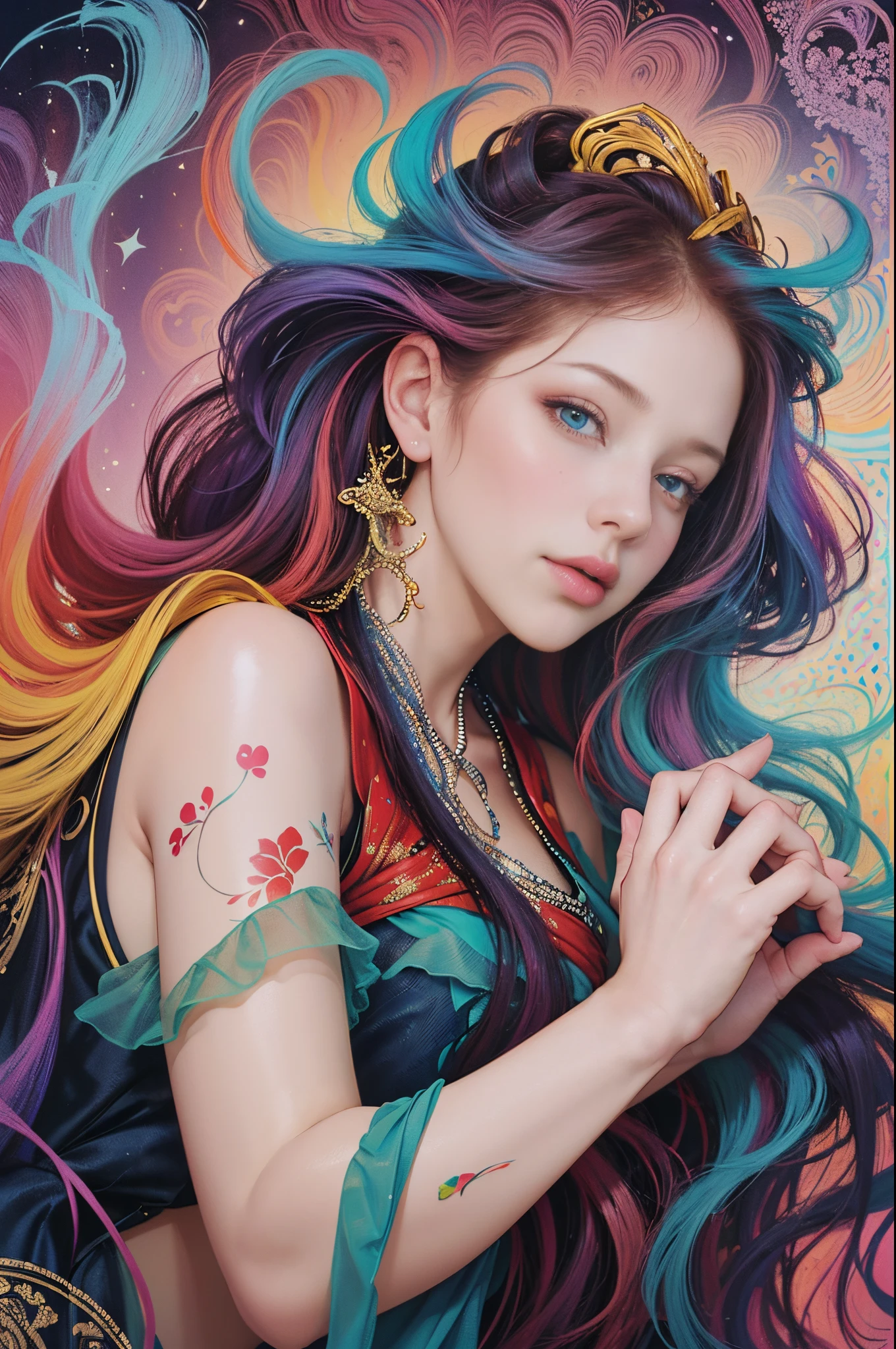Painting of woman with long hair and colorful hair, beautiful digital illustration, stunning digital illustration, gorgeous digital art, A beautiful artistic illustration, Beautiful digital artwork, beautiful digital art, Beautiful digital illustrations, intricate digital painting, Very Beautiful Digital Art, vibrant digital painting, beautiful gorgeous digital art, Psychedelic flowing long hair, Colorful digital painting, Inspiring digital art, stylized digital art