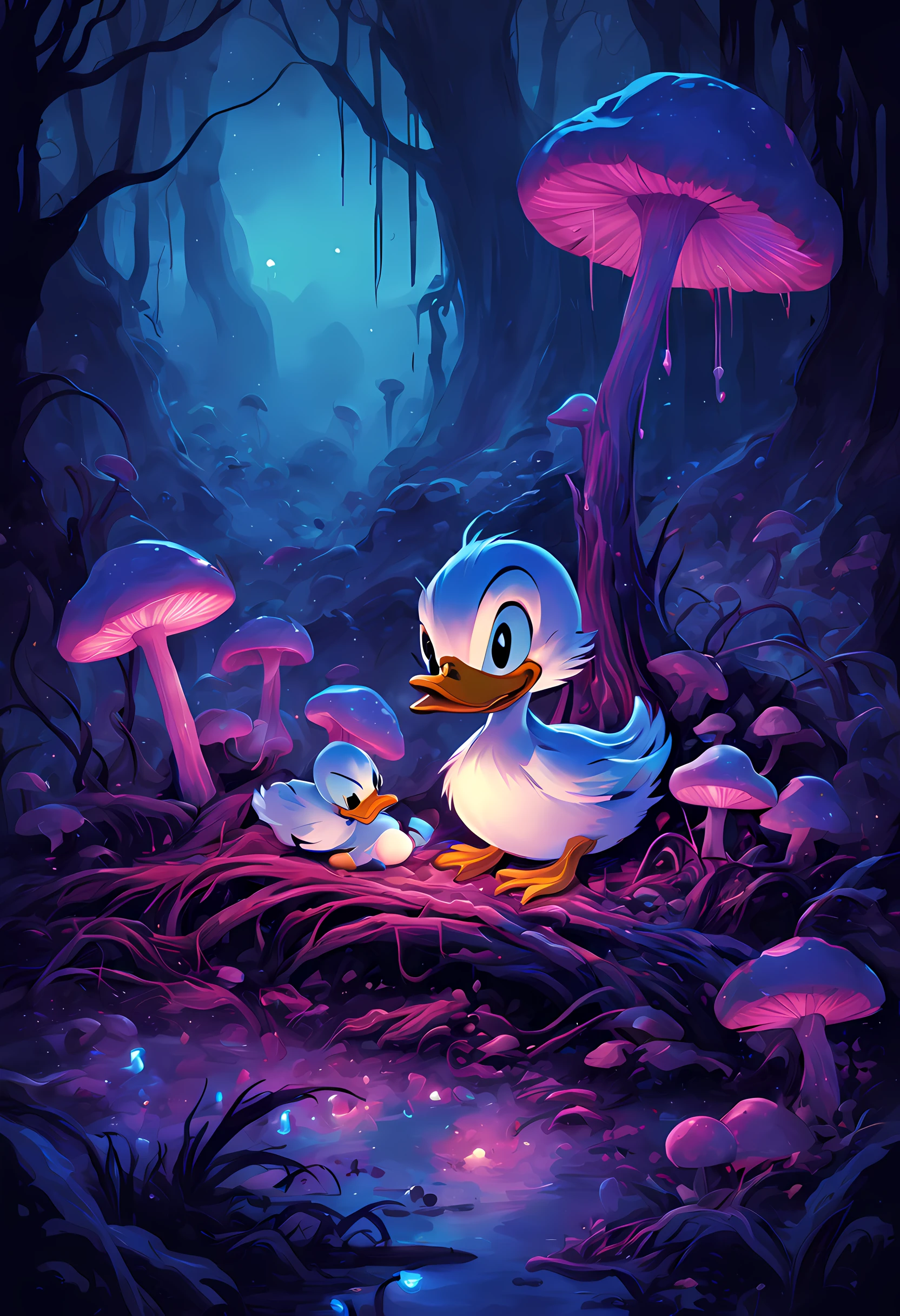 hundred fireflies, bioluminescent mushrooms, glowing mushrooms, (a baby goblin sleeping), foggy, misty, digital illustration, little to no light, darkness, the color palate of dark pink, light purple, navy blue, dark brown, and Bluebonnet, high contrast, mystical, a dead rotten log, night, poison dripping, liquid dripping, slime, vibrant colors, fairy dust, lots of shadows, nightmares, eerie, absolute horror, dark and deep, shadows, extremely detailed, ultra-detailed, 4k, digital illustration, watercolor, Artstation, dynamic lighting, dynamic range