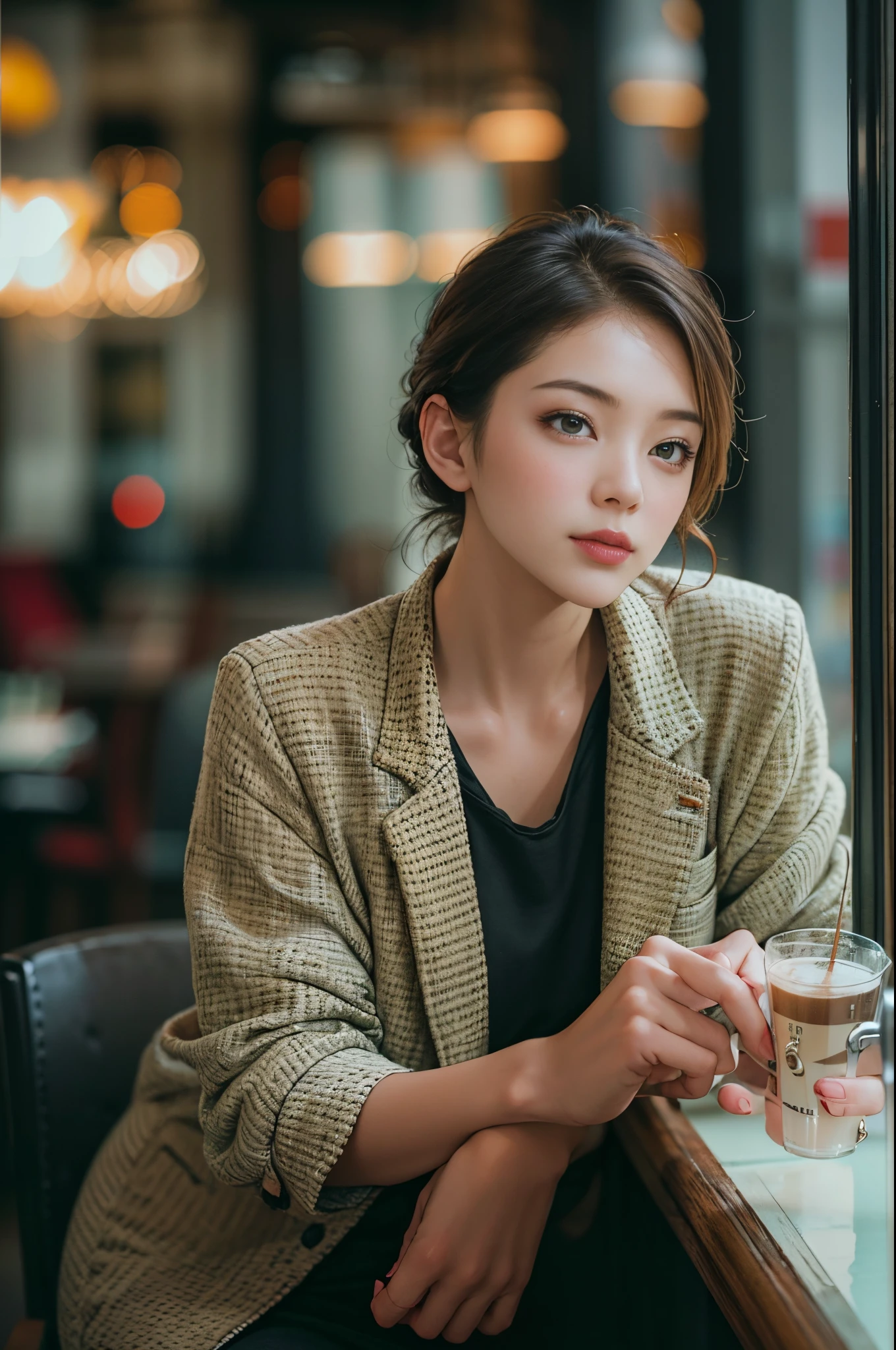 .Half-length photo of a cute and attractive woman in a stylish cafe with many windows ::3 Trends, Modern fitted clothing accentuates her perfect figure ::2 Photo taken at f using Canon 6D Mark II and 85mm lens/ 4 and ISO 100 ::3 Glamour lenses, an award winning photograph, Focus sharp, 动态照明 ::1