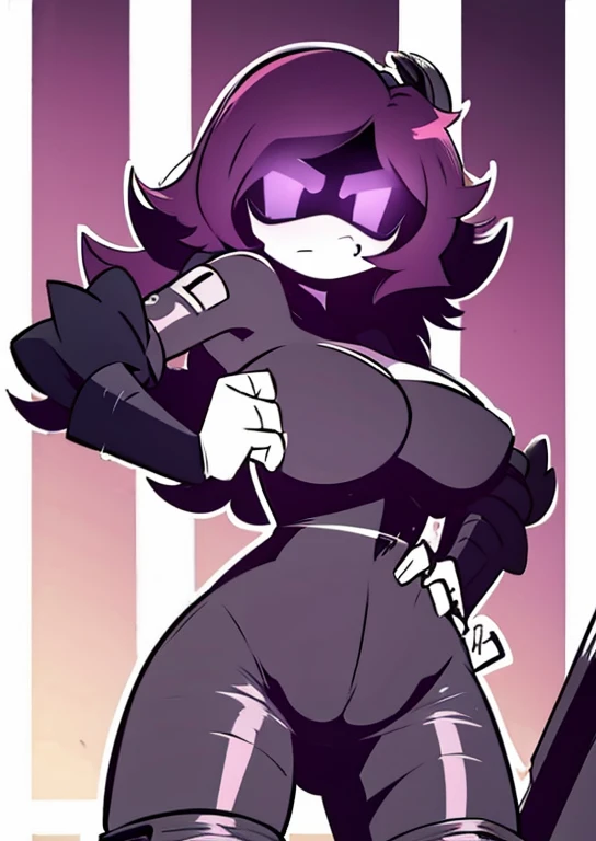 Determined face, hands on hips, wide hips, large breasts,