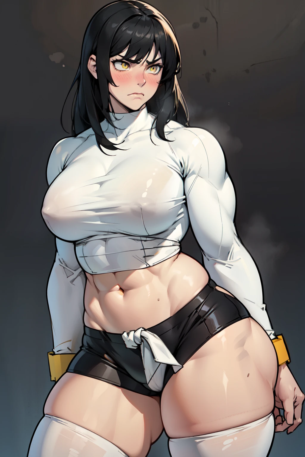 sad girl muscular muscular muscular breasts breasts breasts thick thick thick thick black hair yellow eyes pale skin pale skin thick thick thick skintight thick thick thick thick thick thick muscular simple background long and frown blushing angry thighs thighs thighs waistup waist up dark atmosphere