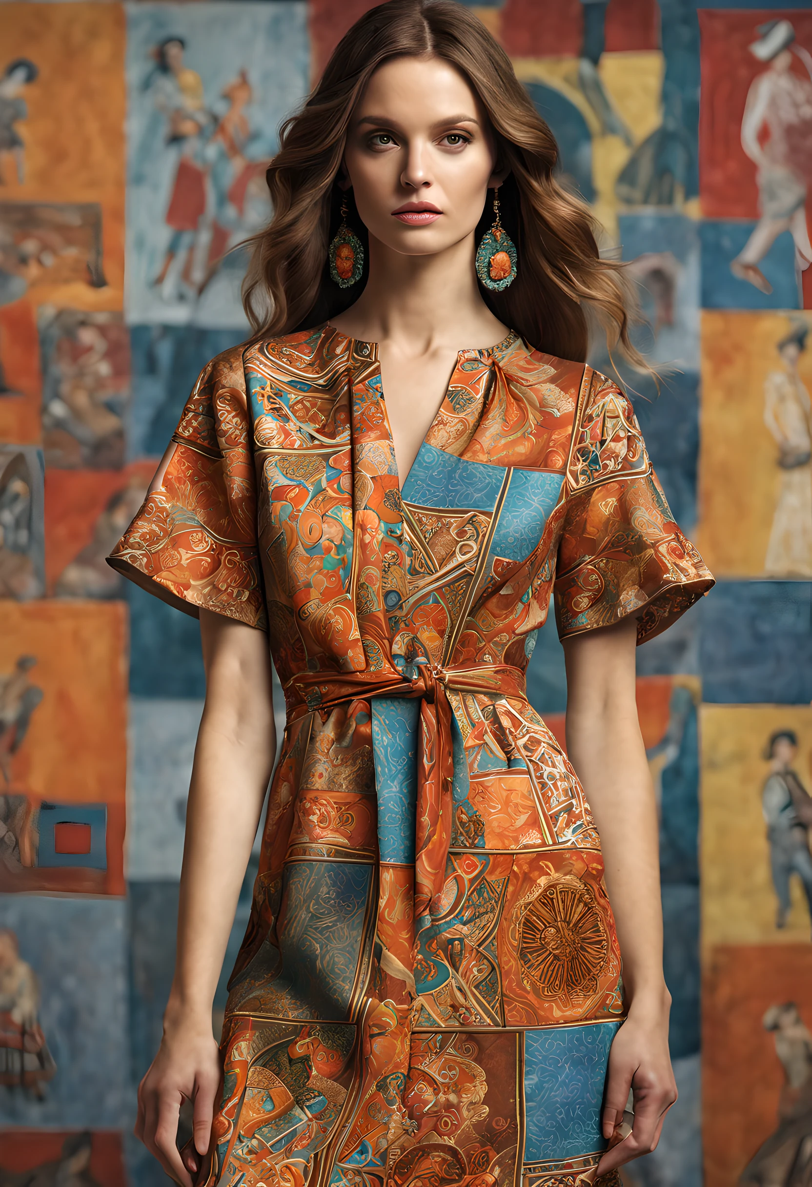 haute couture, A hyper-realistic, Dress,material with a traditional 70s pattern or with designs in the spirit of works by artists of that time: At the same time, clothing models may refer to the 70s, so be quite modern