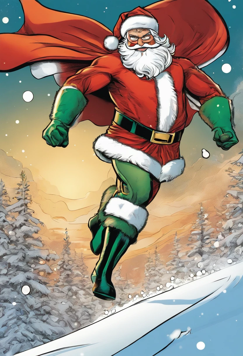superhero santa claus, Cloak, flying in the snow, safe, super energy magic
