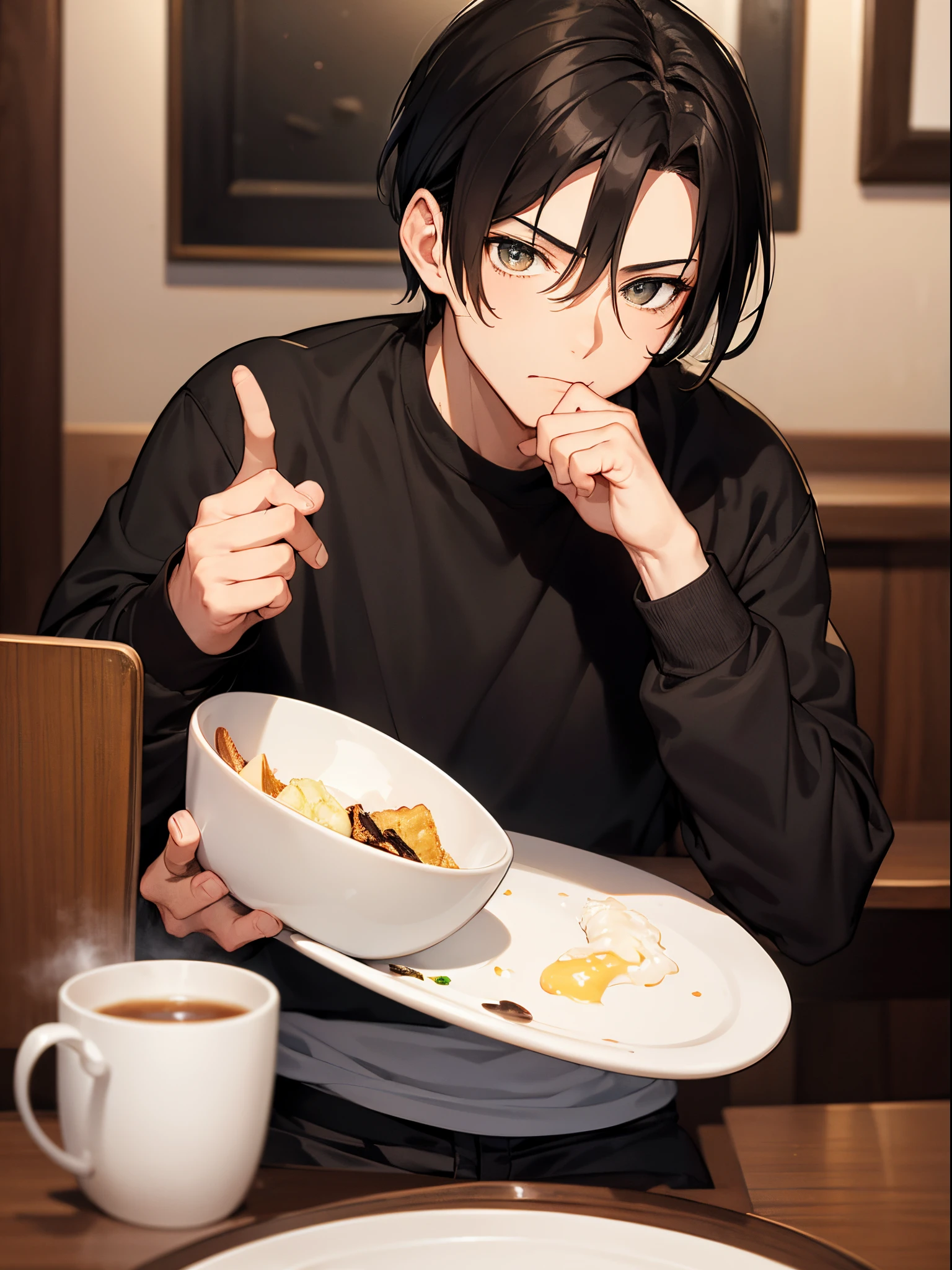 Handsome guy, cat eyelids, black hair, levi ackerman hairstyle, wearing a dark brown sweat shirt, background dining room, cool pose, full body.