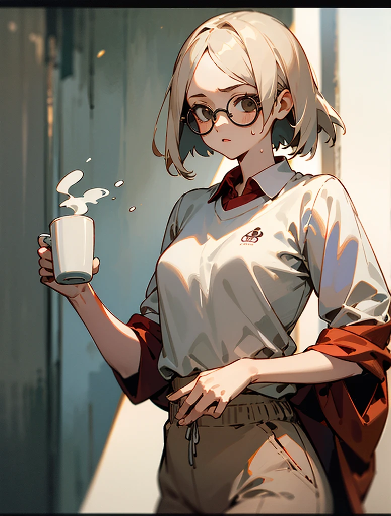 master part, melhor qualidade, girl with short white hair, Round Eyewear, sentada em frente a uma fogueira, estilo de arte Studio Ghibli, camisa branca, grandes seios, light brown sweatpants, corpo inteiro, holding a cup of coffee.
