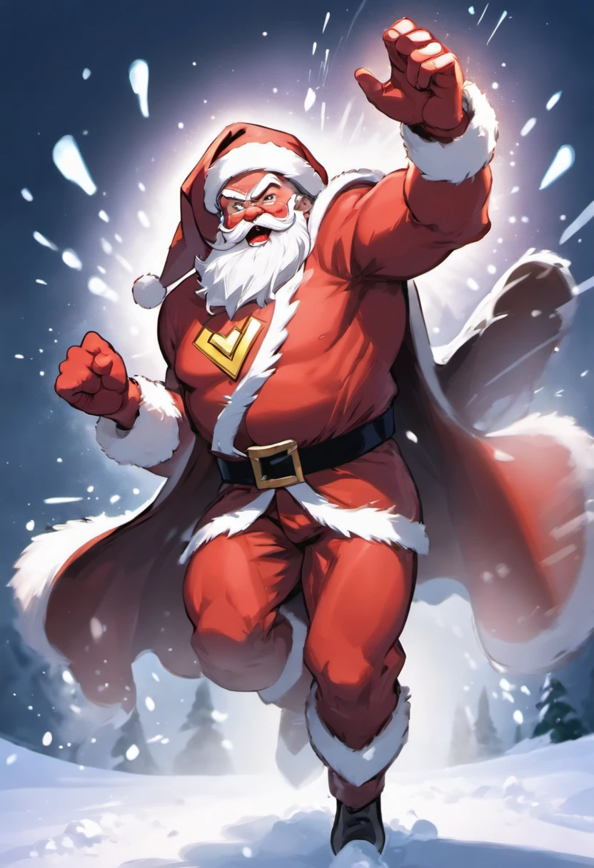 superhero santa claus, Cloak, flying in the snow, safe, super energy magic