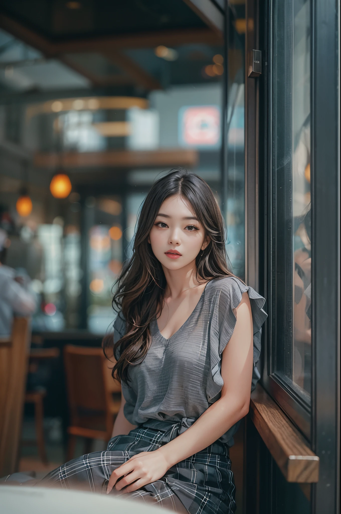 .Half-length photo of a cute and attractive woman in a stylish cafe with many windows ::3 Trends, Modern fitted clothing accentuates her perfect figure ::2 Photo taken at f using Canon 6D Mark II and 85mm lens/ 4 and ISO 100 ::3 Glamour lenses, an award winning photograph, Focus sharp, 动态照明 ::1