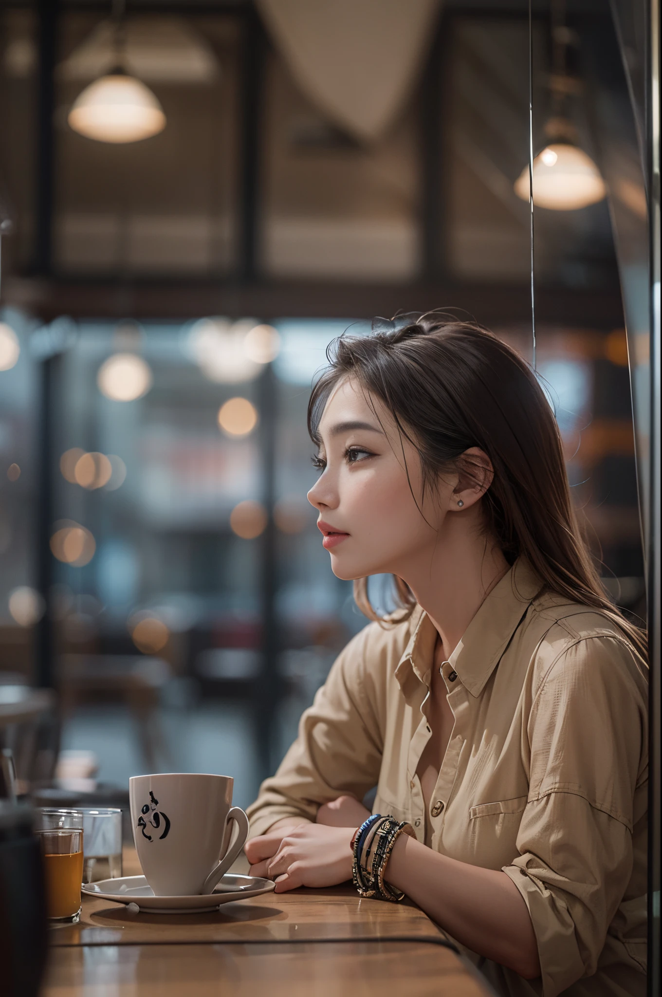 .Half-length photo of a cute and attractive woman in a stylish cafe with many windows ::3 Trends, Modern fitted clothing accentuates her perfect figure ::2 Photo taken at f using Canon 6D Mark II and 85mm lens/ 4 and ISO 100 ::3 Glamour lenses, an award winning photograph, Focus sharp, 动态照明 ::1