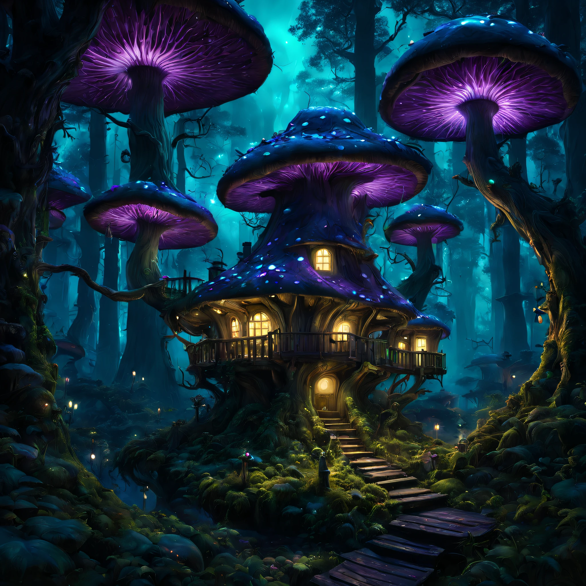 dark glowing forest, Fairytale treehouse village in bioluminescent mushroom forest, Matte painting, The is very detailed, 动态照明, Cinematic, hentail realism, actual, photoreali, during night, Dark, Teal and Purple Theme, Detailed pubic hair, hight contrast, Denoised, at centre, Michael Whelan