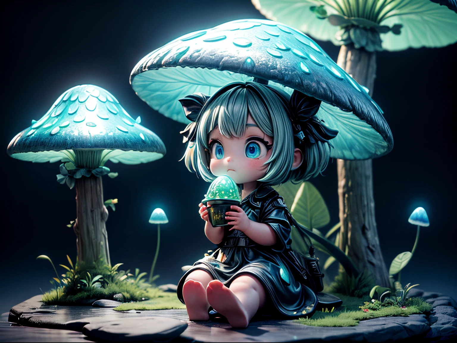 A girl sit and eat lunch in a bioluminescent mushroom forest, realistic, cinematic light, (best quality,4k,8k,highres,masterpiece:1.2), ultra-detailed, vivid colors, sharp focus, HDR, physically based rendering, professional god ray, fractal art