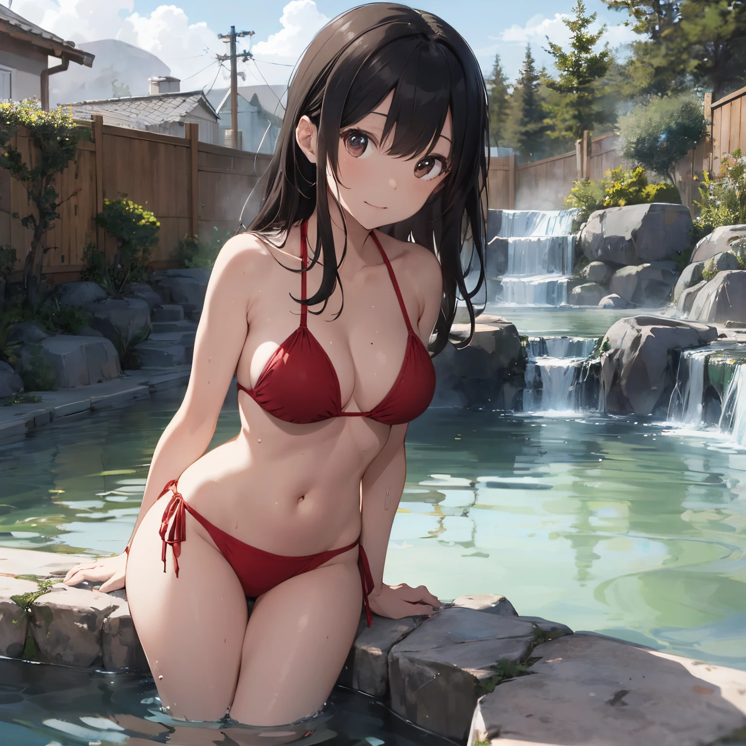 Realistic background blur that looks like it was taken with a high-performance camera.、Please provide high quality illustrations.......。A beautiful girl soaking in a hot spring with a relaxed expression.、The steam rising from the bathtub is beautifully depicted........。Attention to detail in hair and skin、Enjoy the natural texture。To convey the atmosphere of a hot spring area、Please draw the surrounding scenery and hot spring facilities........。Highlight that the beautiful girl is wearing a red bikini。。、Please draw an illustration that takes advantage of her charm........。"