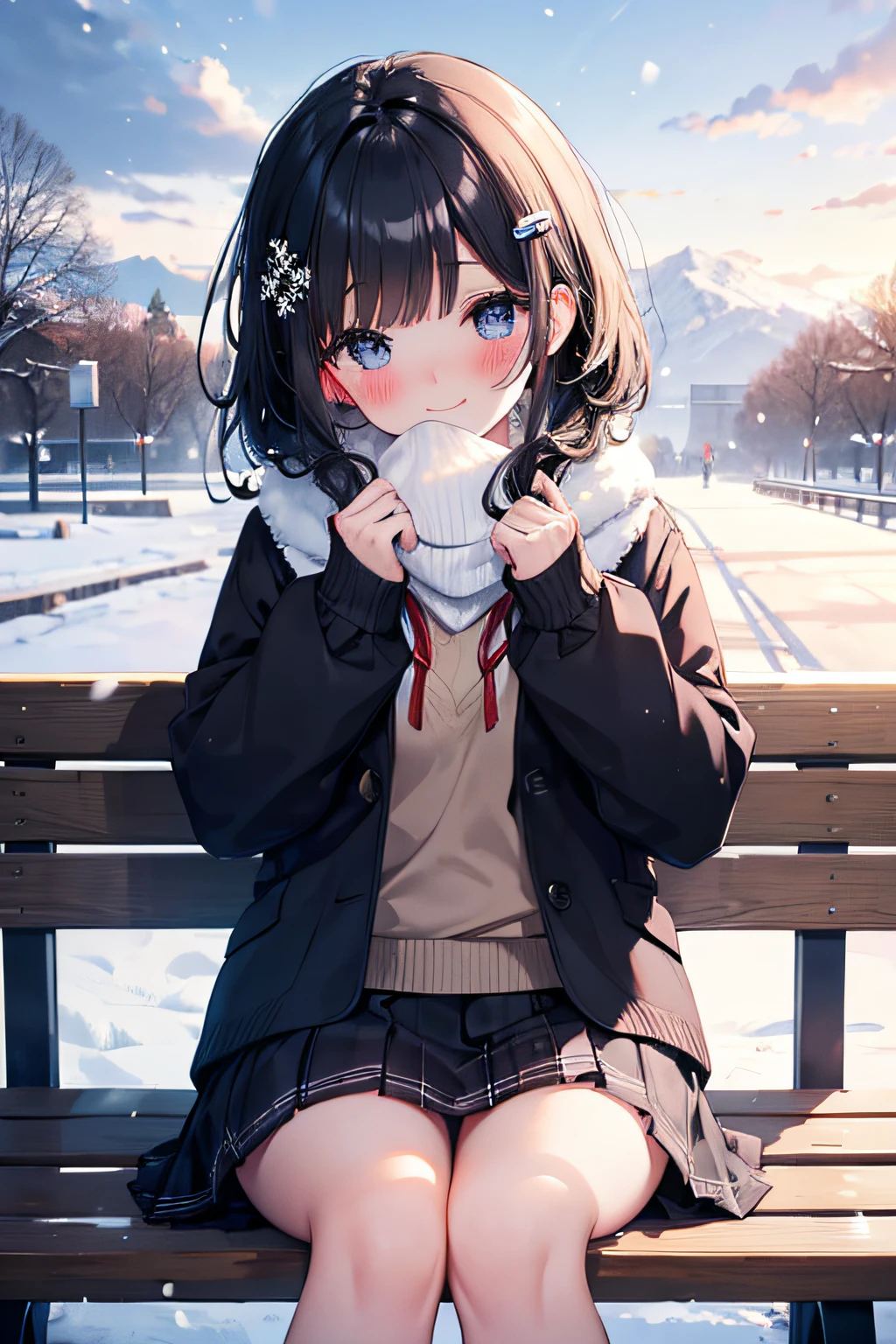 High school girl bob winter sweater skirt blush park bench smile hair ornament snowing white breath cloudy black hair snowing