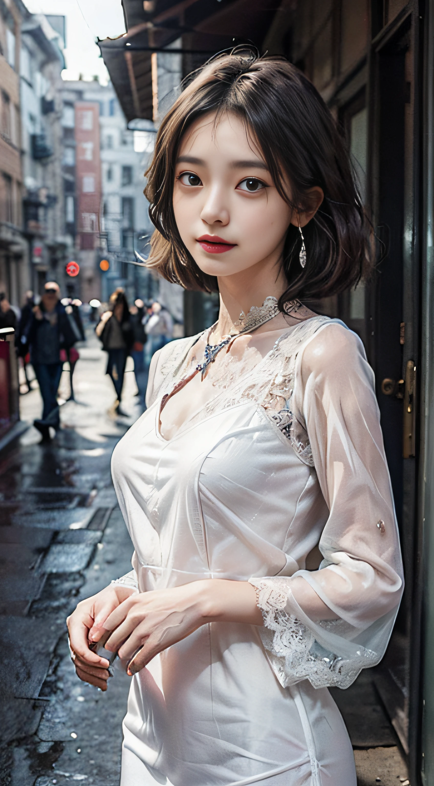 8K, masutepiece, Raw photo, Best Quality, Photorealistic, Highly detailed CG Unity 8k wallpaper, depth of fields, Cinematic Light, Lens Flare, Ray tracing, (Extremely beautiful face, Beautiful lips, Beautiful eyes), intricate detail face, ((Ultra detailed skin)) 1girl in, In the Dark, deepshadow, cute Japanese girls, JPOP Idol,(Very slim and slender fit muscular body:1.3), ((Looking at Viewer)),(Big smile:1.3), (silk hot transparent dress、Tight Mini Dress), (Shot Sleeve) , (Fashion City Night, (Neon sign), (Large buildings), Fashion Street Night),(No people), (No people in the background:1.3), cute Japanese girls, White Diamond Earrings, Diamond Bracelet, Diamond necklace, Bare legged、 Clear eyes, Walking , Front shot, (pale skin), Face forward, (Big eyes), ((upperbody shot)), ((flowing lace:1.2)), ((White Mini Dress:1.3)), (Looking at Viewer:1.3), (see through
