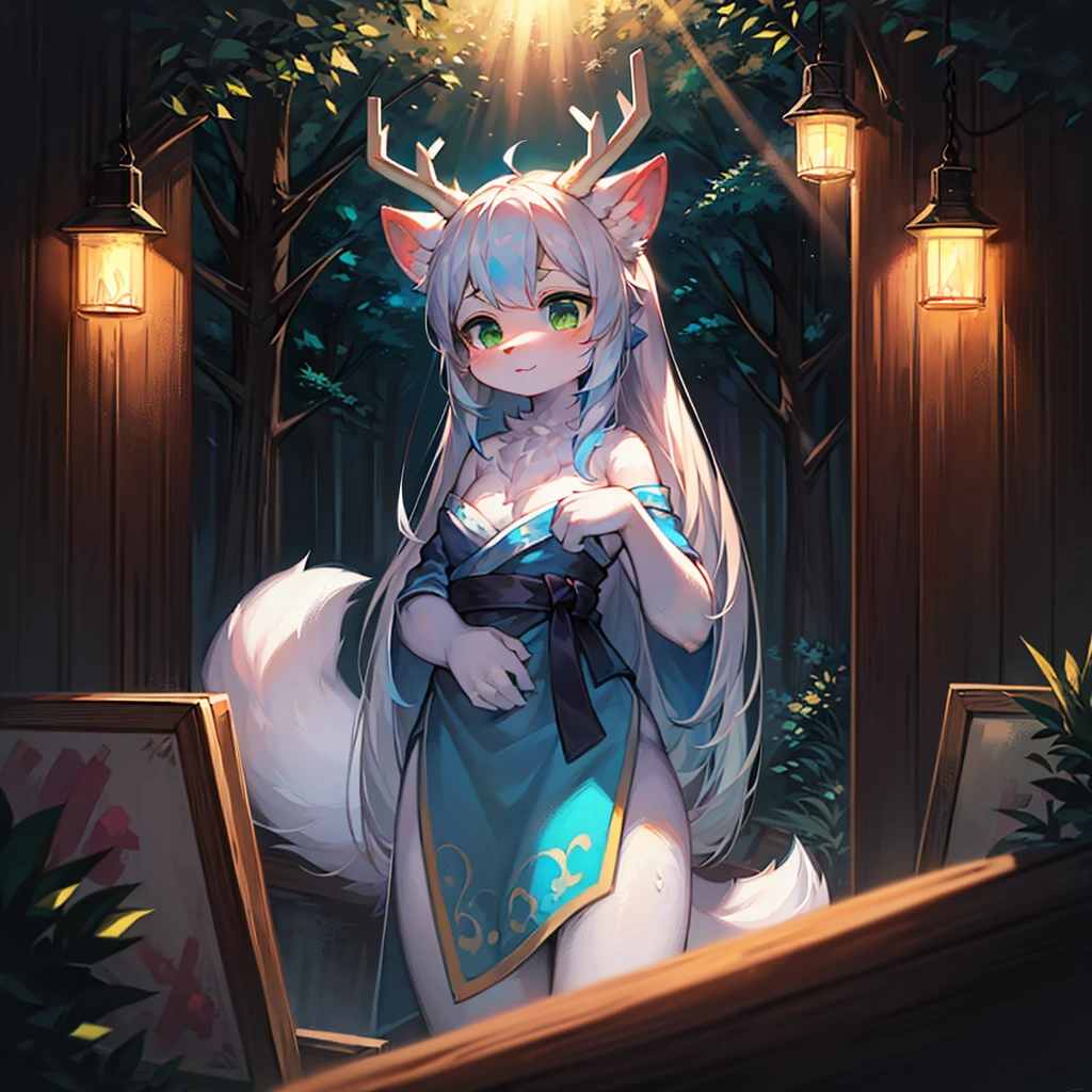 high quality, digital painting \(artwork\), by dagasi, (anthro, fluffy fur), anthro female cat, long hair, portrait, (detailed background:0.7, forest),solo,furry,furry female ,(cat tail, gray fur,blue eyes,gray hair:1.2), (naked, small tits, pussy)