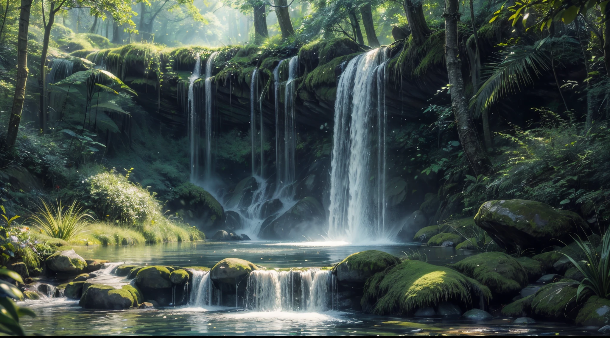 (best quality,4k,8k,highres,masterpiece:1.2),ultra-detailed,(realistic,photorealistic,photo-realistic:1.37),enchanting lake, sparkling water, serene atmosphere, peaceful, calming, tranquil, glimmering reflections, floral surroundings, fragrant flowers, smooth stones, natural beauty, fairy-tale-like, sunlit, shimmering waterfall, transparent veil of water, cascading elegantly, delicate mist, refreshing breeze, natural harmony, dappled sunlight, dancing shadows, ethereal, magical ambiance, lush greenery, whispering leaves, playful ripples, harmonious colours, serenity, blissful tranquillity, hidden paradise, one with nature, serene escape, enchanted dreamscape, rays of light piercing through the foliage, harmonious melodies of nature
