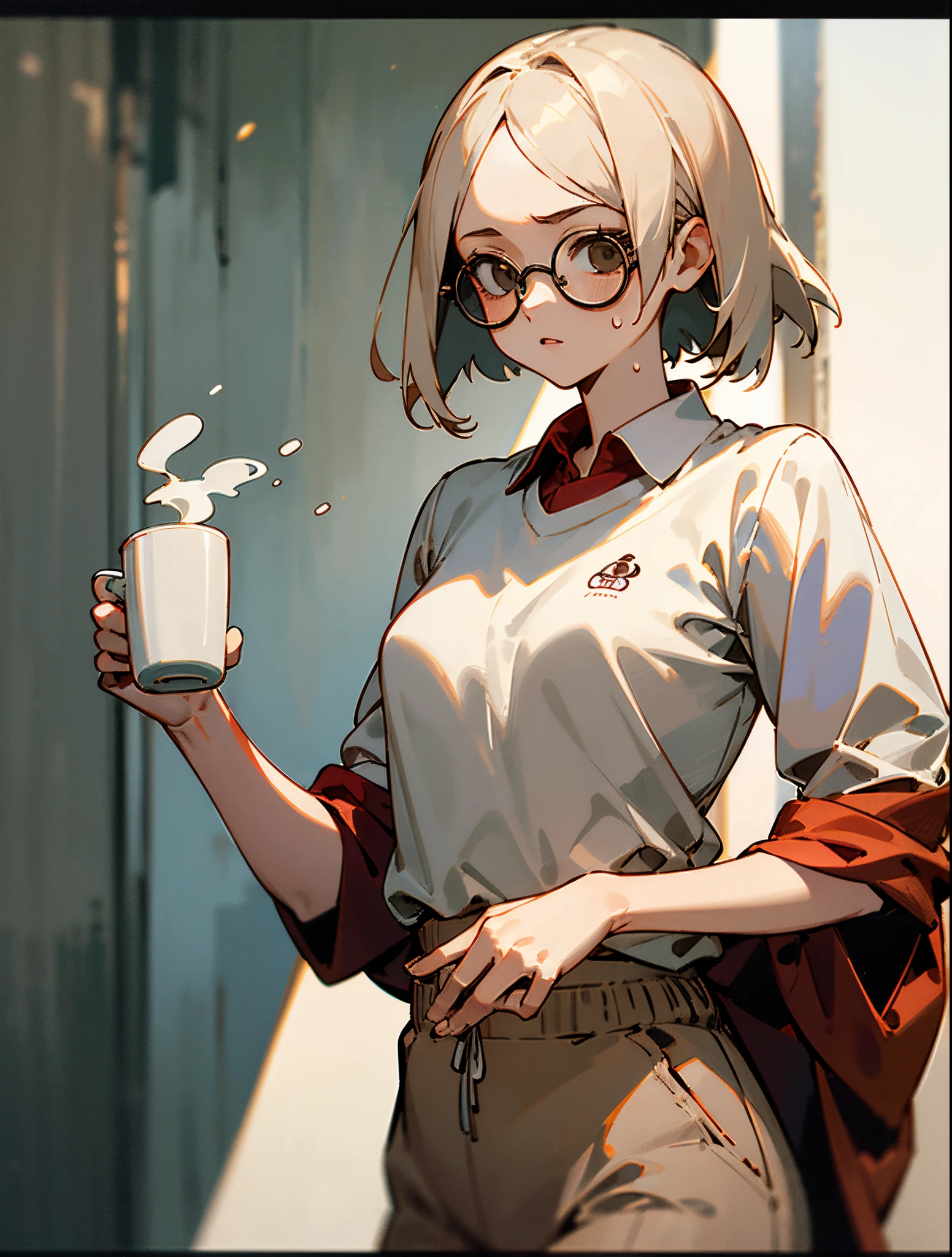 master part, melhor qualidade, girl with short white hair, Round Eyewear, sentada em frente a uma fogueira, estilo de arte Studio Ghibli, camisa branca, grandes seios, light brown sweatpants, corpo inteiro, holding a cup of coffee.