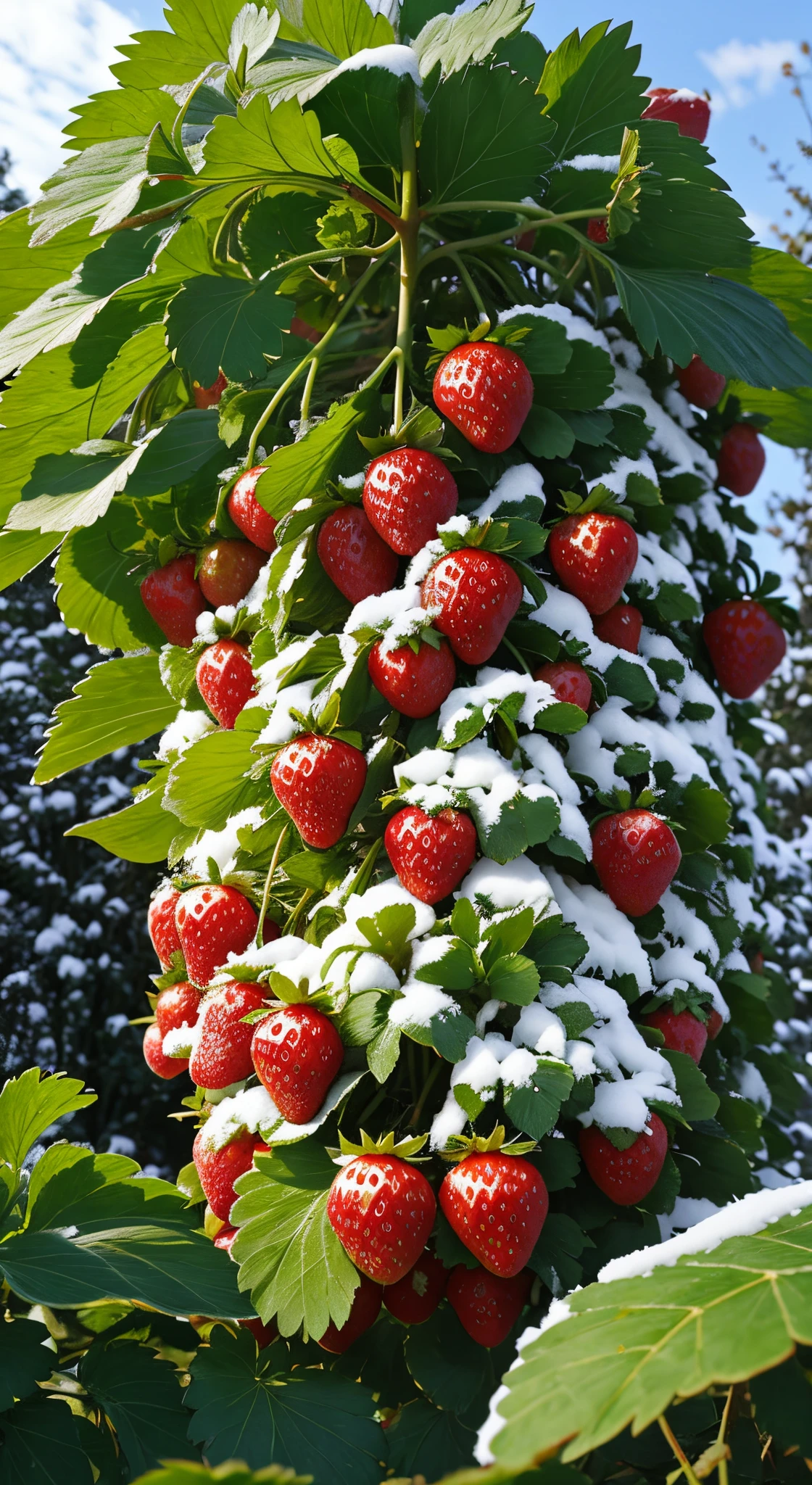 There are many strawberries hanging from the trees in the garden,Strawberry texture,Strawberries and leaves are covered with a layer of snow,Huge white strawberries,All grow inside a huge one, Lush fertile fecundity, look from down,, High picture quality, V tuber,