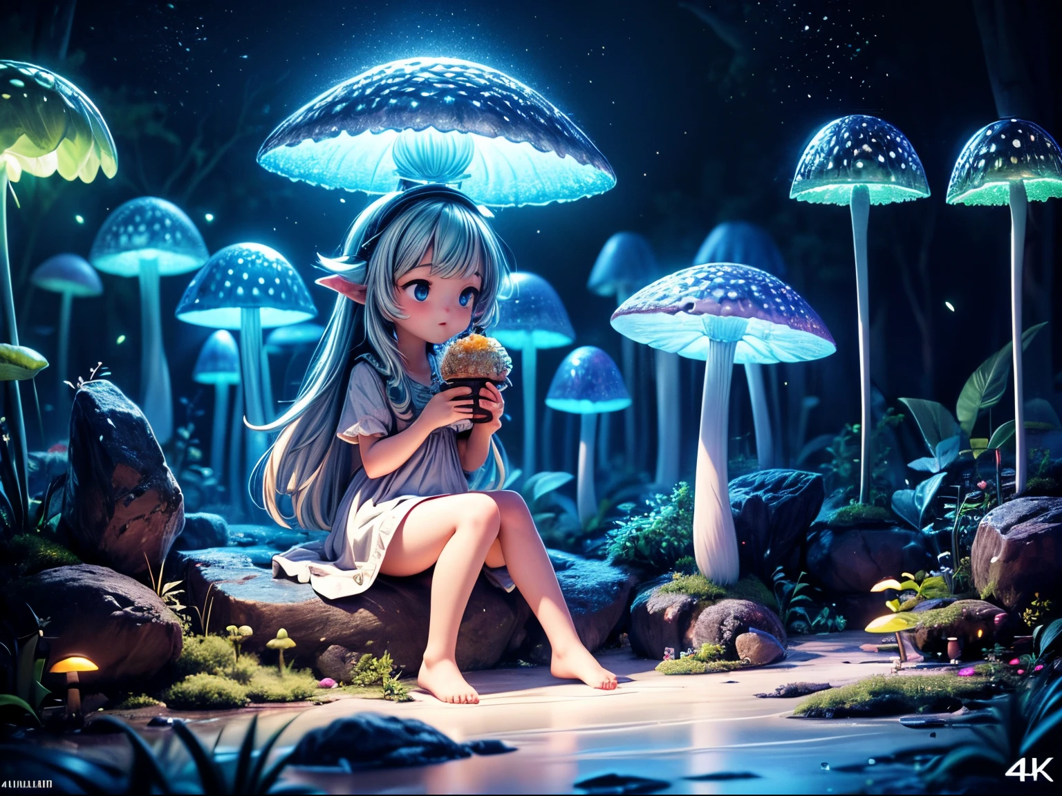 A girl sit and eat lunch in a bioluminescent mushroom forest, realistic, cinematic light, (best quality,4k,8k,highres,masterpiece:1.2), ultra-detailed, vivid colors, sharp focus, HDR, physically based rendering, professional god ray, fractal art